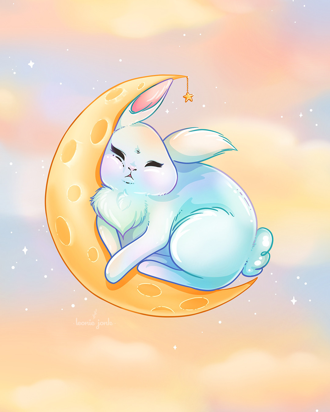 A digital illustration of a bunny sleeping in a crescent moon. The bunny is really tired, her cheeks squished into the curve of the crescent, mouth hanging slightly agape and her ear flopping down. She’s out cold. Her light fur has an iridescent quality, shifting colors gently, with a slight blush on her cheeks. A star dangles down from the top of the crescent. They’re floating in front of a pastel sky, filled with clouds of pinks, yellows, peaches and lilacs, with stars scattered throughout. 