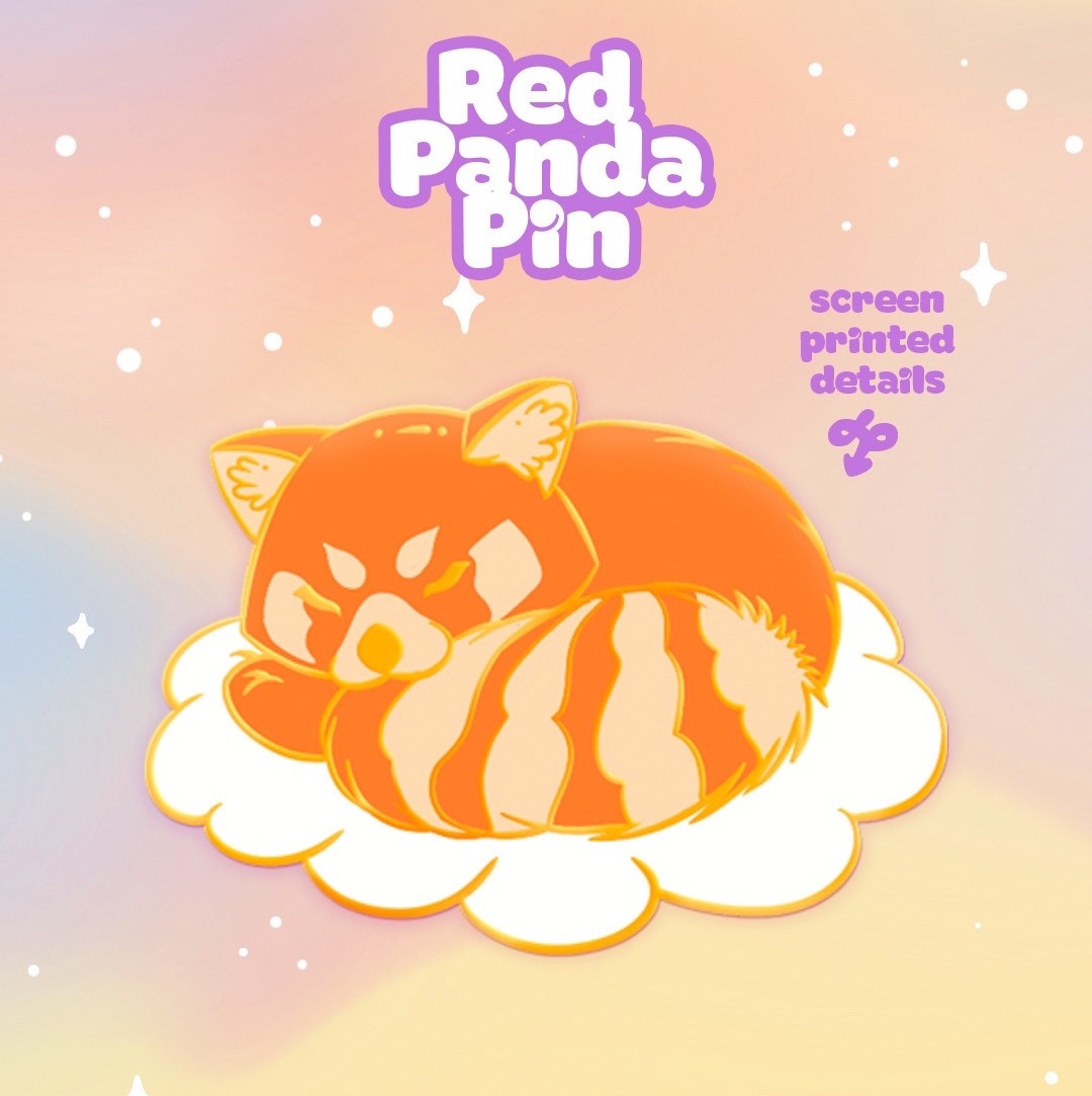 A digital illustration of a gold enamel pin of a red panda sleeping on top of a cloud.  The lighter sections of its fur contain screen printed details. It’s set on a pastel cloudy background.