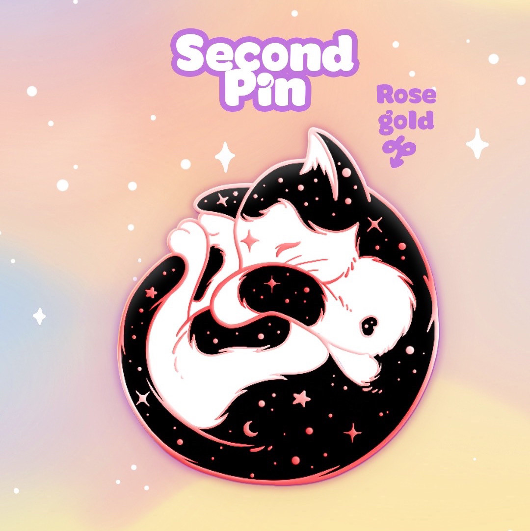 A digital illustration of a rose gold enamel pin of a tuxedo cat sleeping curled up with a paw over it’s nose. The black enamel is scattered with a whole galaxy of rose gold stars. It’s set on a pastel cloudy background.