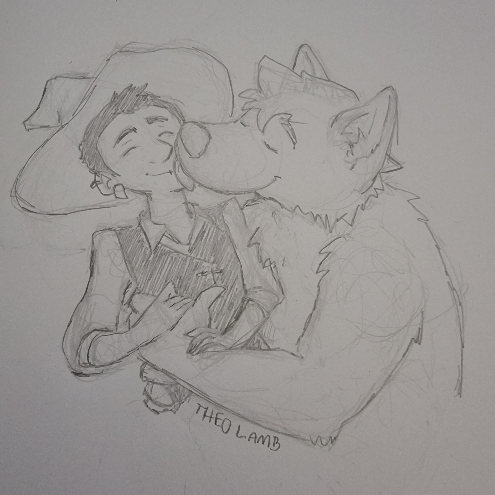 a pencil sketch of a werewolf hugging a witch to her chest and licking her face as the witch smiles.