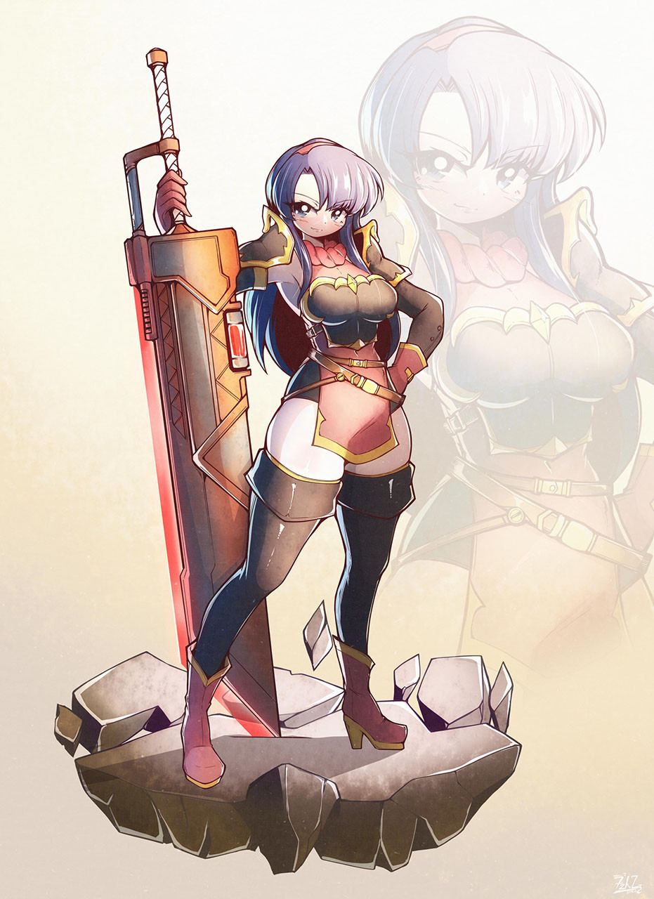 Poster art of Melissa posing with a rusty greatsword next to her