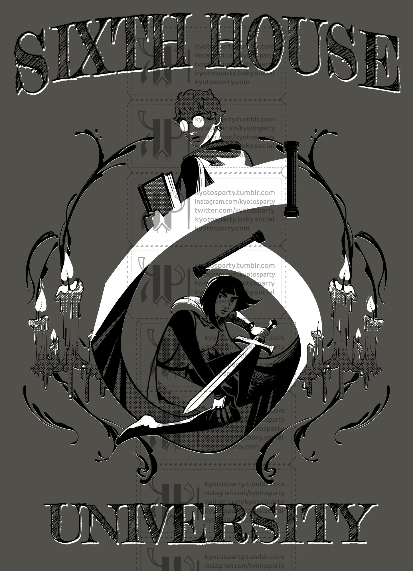 T-shirt design: Palamedes and Camila enveloped by a paper scroll that has the shape of the number 6. Candles and ink stains at both sides of it. Text on top says SIXTH HOUSE, bottom text says UNIVERSITY.