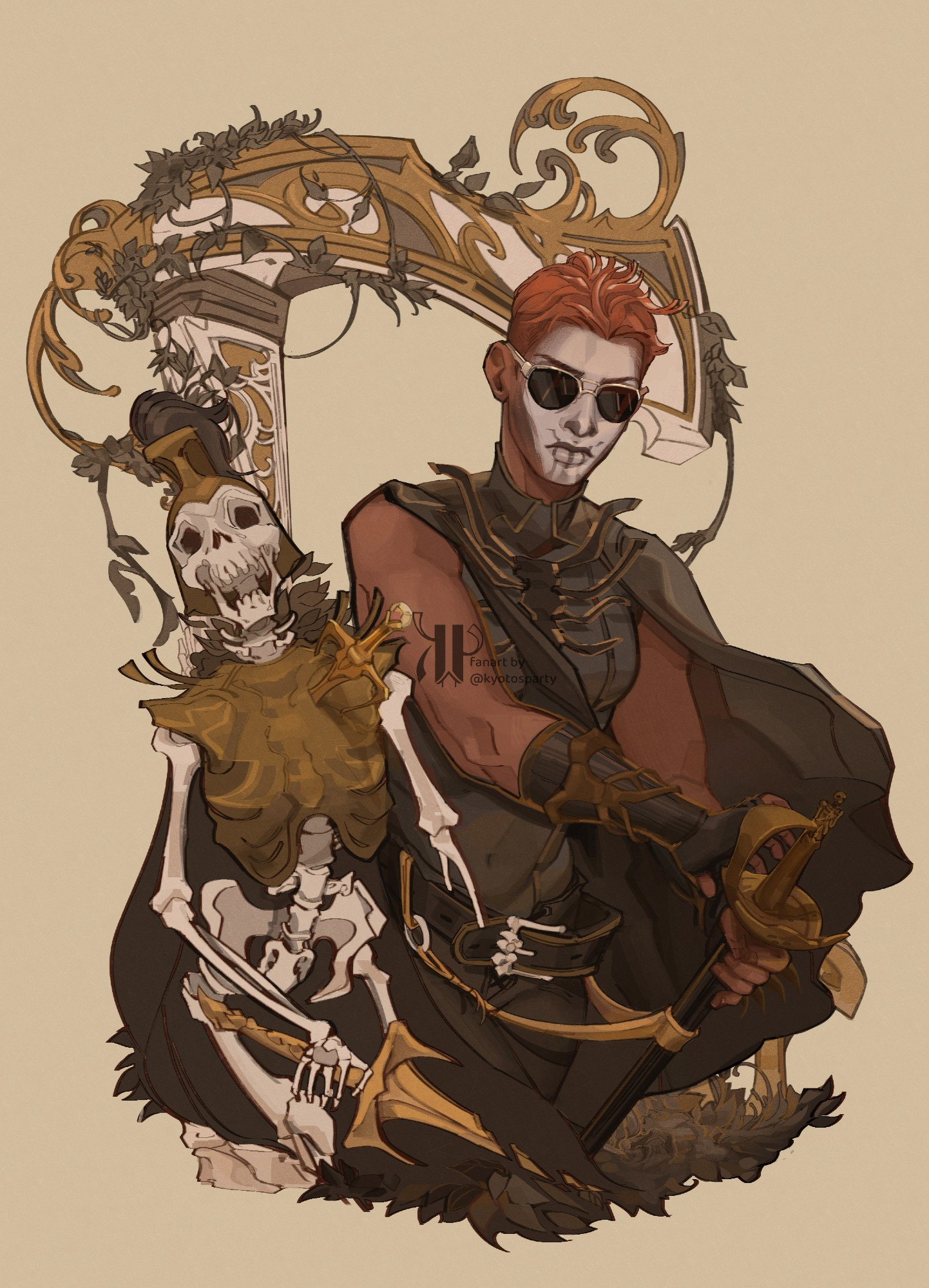 Gideon Nav holding a sword next to the skeleton of a knight, also holding a sword, with a dagger piercing their heart.