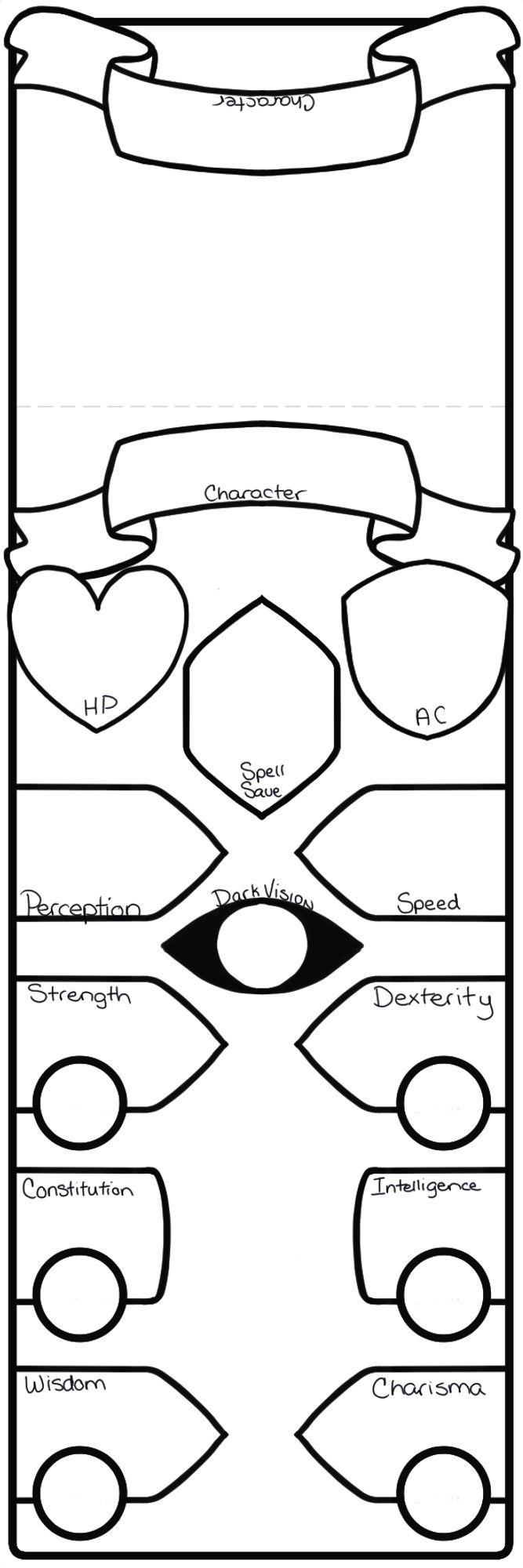 a printable table top RPG initiative tracker. Includes most relevant stats for Dungeons and Dragon 5e based games. fields are labeled.