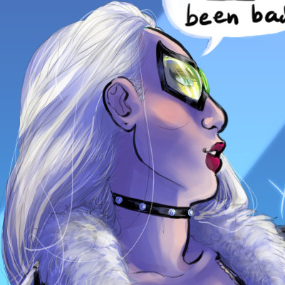 Felicia's face, as she teases Peter about how bad he's behaving. Her hair is loose and light, pushed away from her face, and her eyes are half-lidded behind the green lenses of her facemask.
A slim choker necklace studded with diamonds accentuates the curve of her neck.