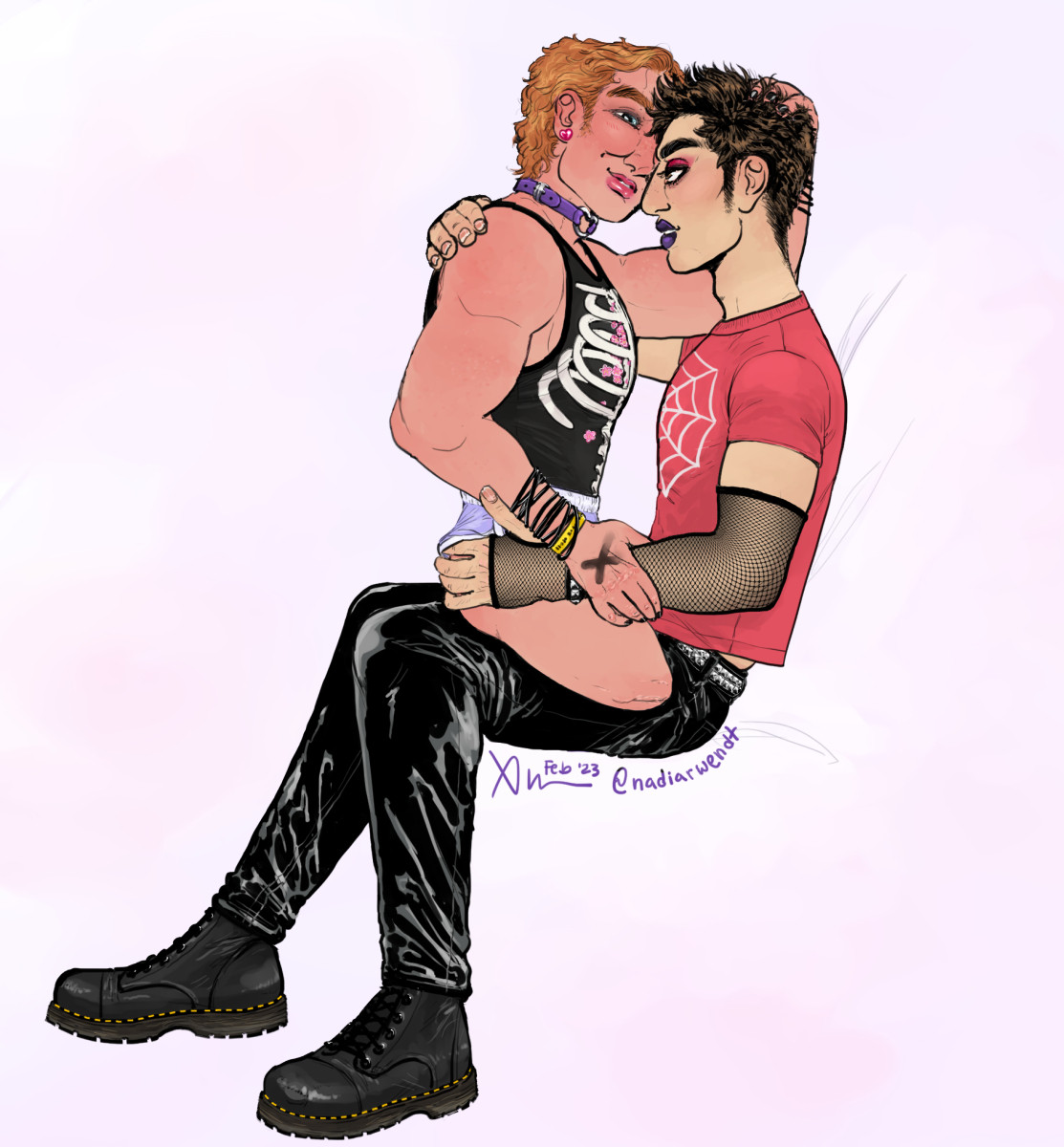 A drawing with no background, showing Peter Parker and Flash Thompson dressed up in slightly emo outfits, to match.

Flash is not wearing his prosthetic legs, so the scar on the end of his stump is clearly visible as he sits in Peter's lap. He's wearing a tight tank-top decorated with a skeleton ribcage and pink flowers, and pastel purple running shorts, as well as a bunch of rubber bracelets and a purple collar with a heart-shaped ring at his throat. His makeup is minimal, only a hint of smeared eyeliner and some very shiny lipgloss. His hair is slightly tousled, he's sunburned all over, and he has one hand in Peter's hair and the other wrapped around Peter's arm, with a black marker X smeared across the back of his hand.

Peter, sitting under Flash, is wearing a tight red t-shirt with a spiderweb on the chest, loose-fitting jet black leather pants, and sturdy black leather boots—Doc Martens—as well as a studded leather belt and long fishnet gloves that accentuate his biceps.