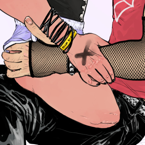 A closeup of Peter's hand sneaking underneath the edge of Flash's shorts, pulling the fabric away from his ass to get underneath it. Peter's nails are unpainted and slightly bitten, and his arm covered in fishnet from his knuckles to his bicep. He has long fingers.

Flash has slightly smaller hands than Peter's, and wraps his slender fingers around Peter's forearm. Someone has drawn a black X on the back of Flash's hand with marker, indicating he shouldn't be served alcohol, not because he is a minor but because he is an alcoholic. His knuckles are scarred, his nails painted glossy black, and he has a dozen black rubber bracelets around his wrist and one yellow wrist band.