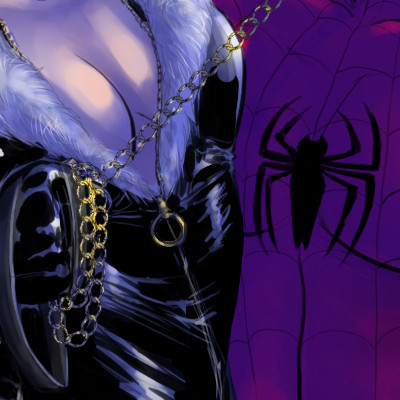 Felicia's suit, all shiny black latex, has been unzipped to just below her breasts, with the zipper decorated by a gold ring. The chain of Peter's leash stretches in front of her chest, and her cleavage is framed by the fur collar of her suit.