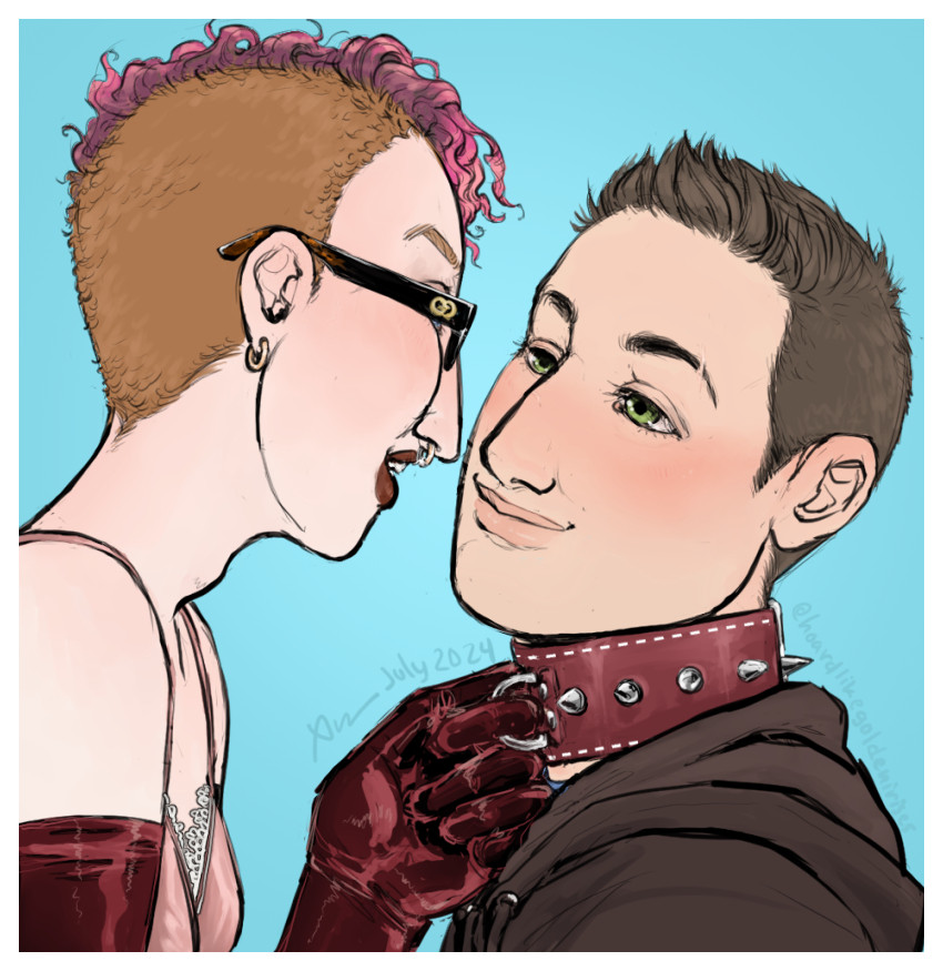 A drawing of original characters Lilith and TJ. Lilith is a slender woman with a pink undercut and leather opera gloves, tugging at the D-ring of a leather collar worn by TJ, an unassuming brunette man with a lovestruck expression on his face.