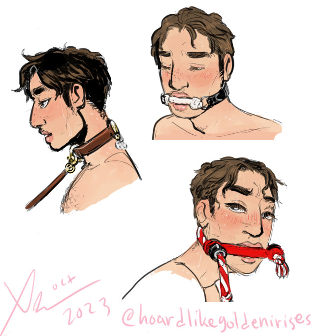 Three drawings of Peter Parker from the shoulders up, implied to be shirtless or naked.
In one, he has on a brown leather collar and leash, and in the other two, dog bone-shaped gags in his mouth.
Varies from feisty to calm.