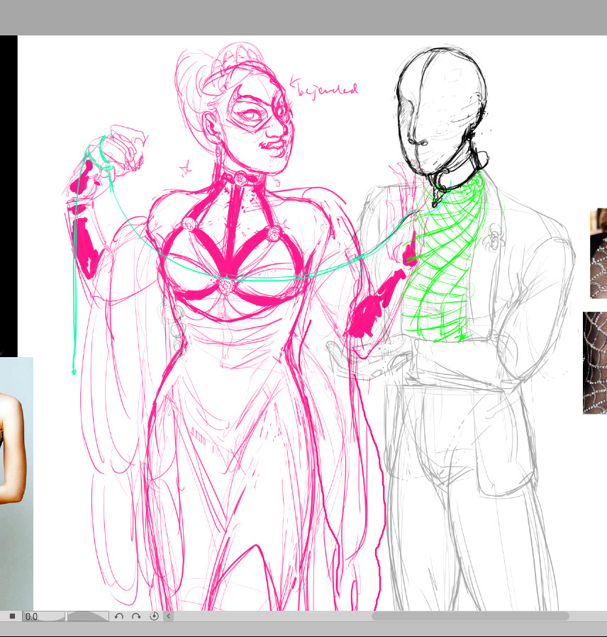 A screenshot of a drawing in progress, showing Felicia Hardy, aka the Black Cat, wearing a glamorous gown with a harness collar, vaguely bondage-y, and accompanied by Peter Parker as Spider-Man wearing a bondage hood and a tuxedo with a spider-web encrusted turtleneck.