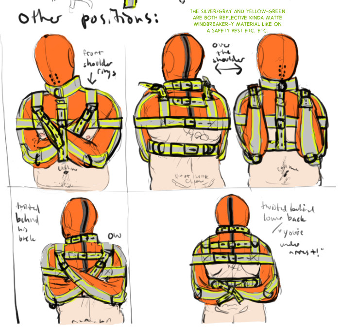 Some sketches of my OC, TJ, in various positions wearing a hi-vis orange and reflective cropped straitjacket. Explorations for the various ways his arms can be bound in it.