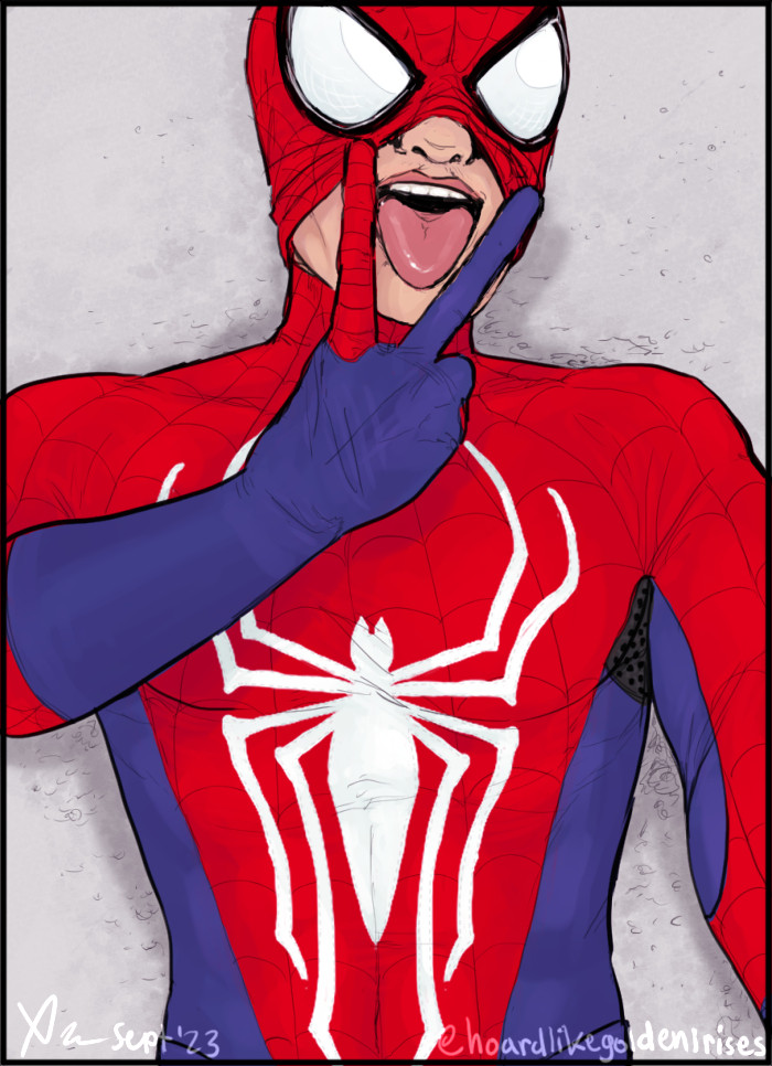 A drawing of Spider-Man, from the perspective of a selfie. It frames his torso, cut off below the waist and above the nose, partially faceless but still with the lower half of his lenses visible, large and white. An equally large, white spider is emblazoned across his chest, long-legged and stylized. He lies back on a pale gravel surface, smiling slightly as he sticks his tongue out, with one hand raised to split his fingers in a V around his tongue. A lewd gesture.