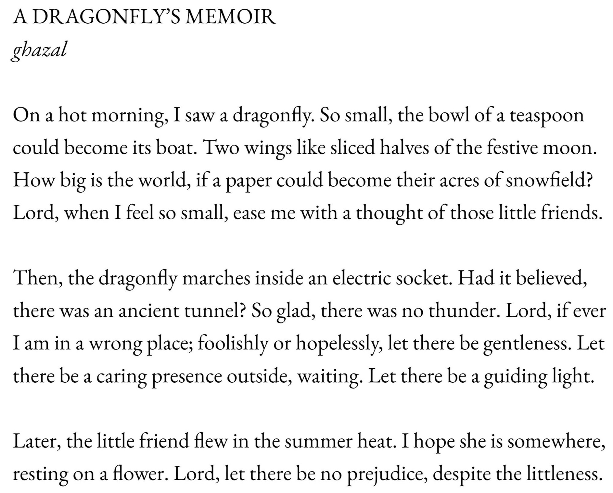 a dragonfly’s memoir’ (ghazal)

On a hot morning, I saw a dragonfly. So small, the bowl of a teaspoon
could become its boat. Two wings like sliced halves of the festive moon.
How big is the world, if a paper could become their acres of snowfield?
Lord, when I feel so small, ease me with a thought of those little friends. 

Then, the dragonfly marches inside an electric socket. Had it believed,
there was an ancient tunnel? So glad, there was no thunder. Lord, if ever
I am in a wrong place; foolishly or hopelessly, let there be gentleness. Let
there be a caring presence outside, waiting. Let there be a guiding light. 

Later, the little friend flew in the summer heat. I hope she is somewhere,
resting on a flower. Lord, let there be no prejudice, despite the littleness. 