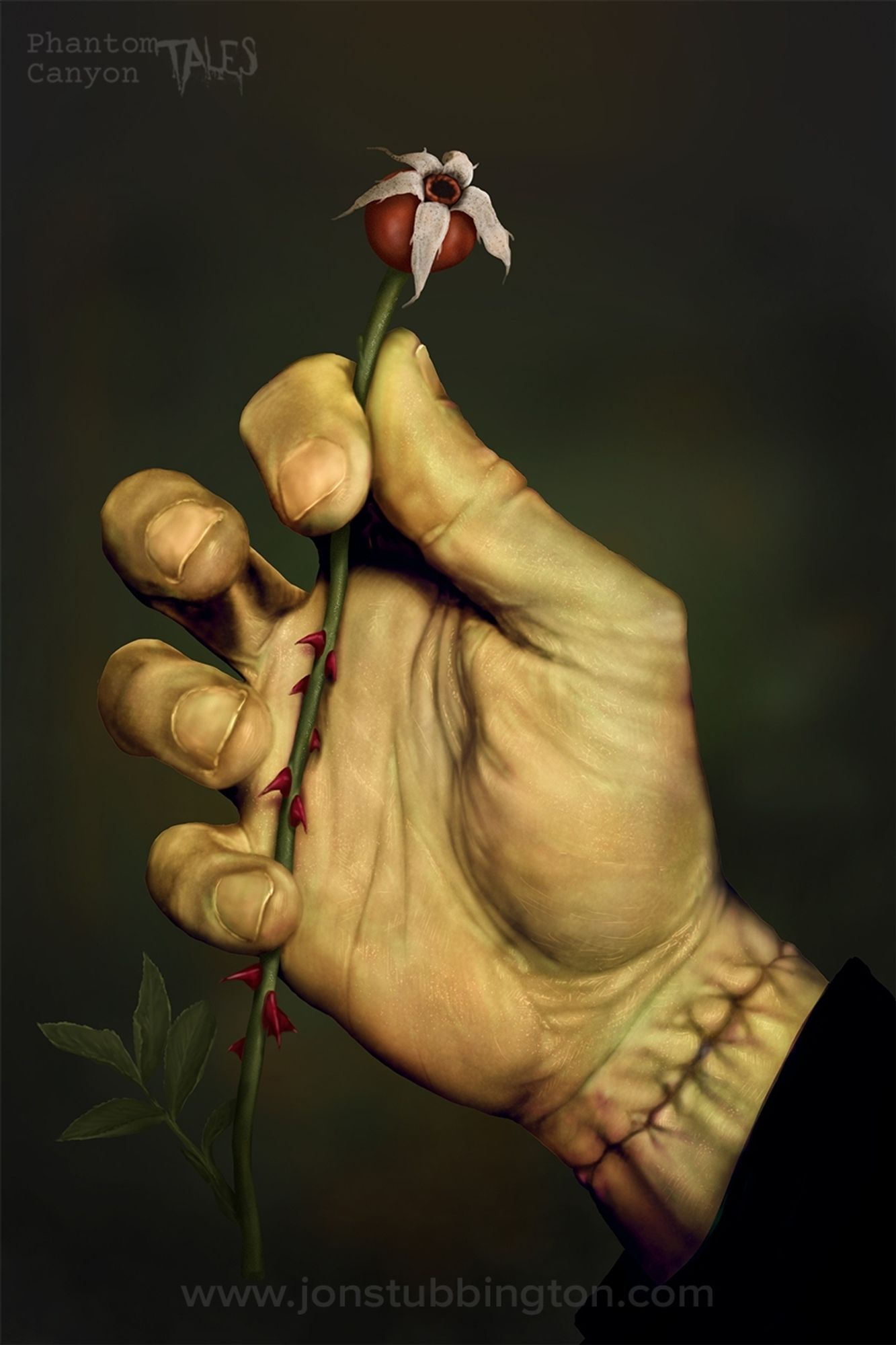 An illustration of a yellow hand which has been sewn onto an arm. The hand is holding a rose hip.