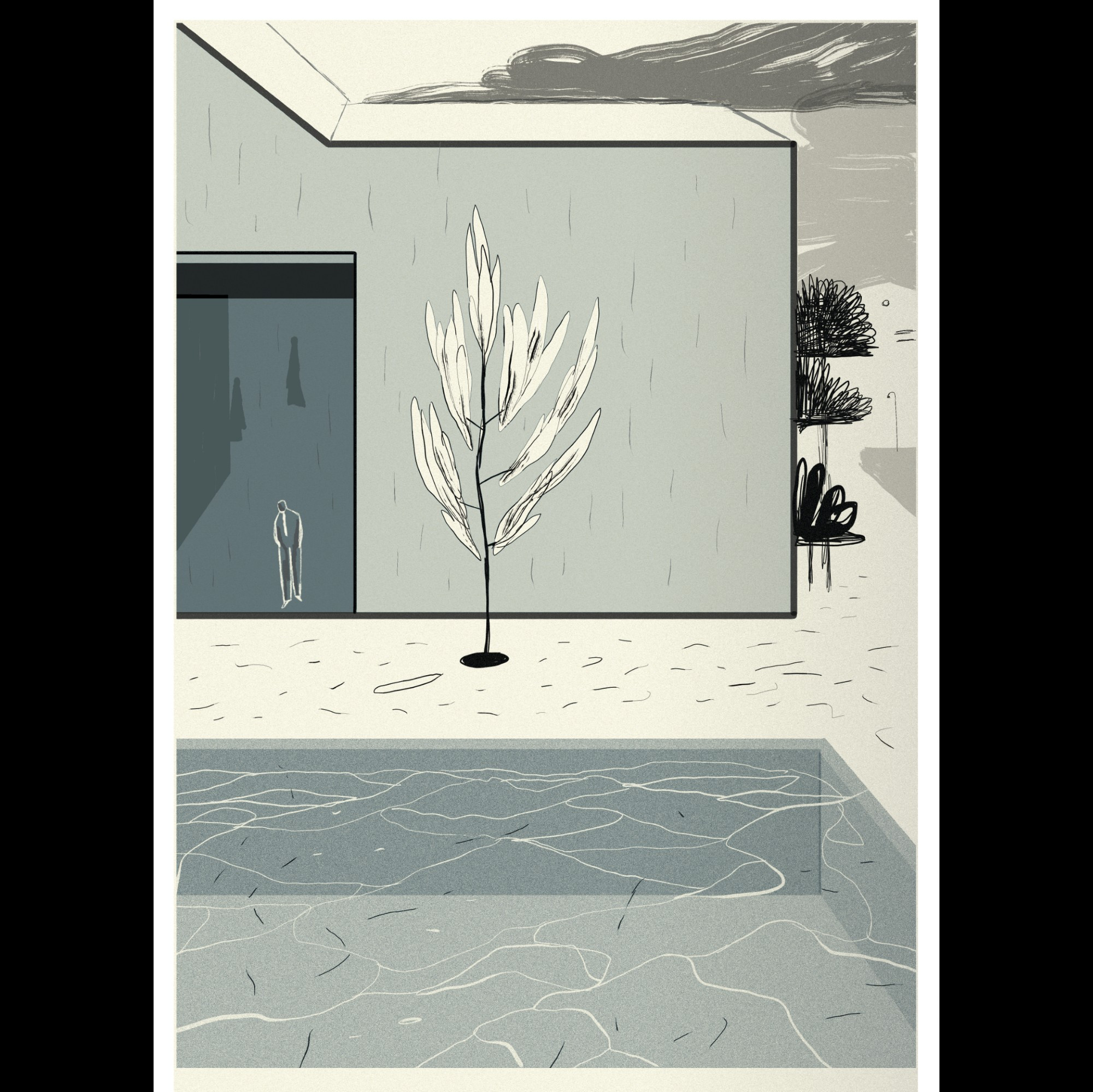 illustration of a man looking out from a window to a pool