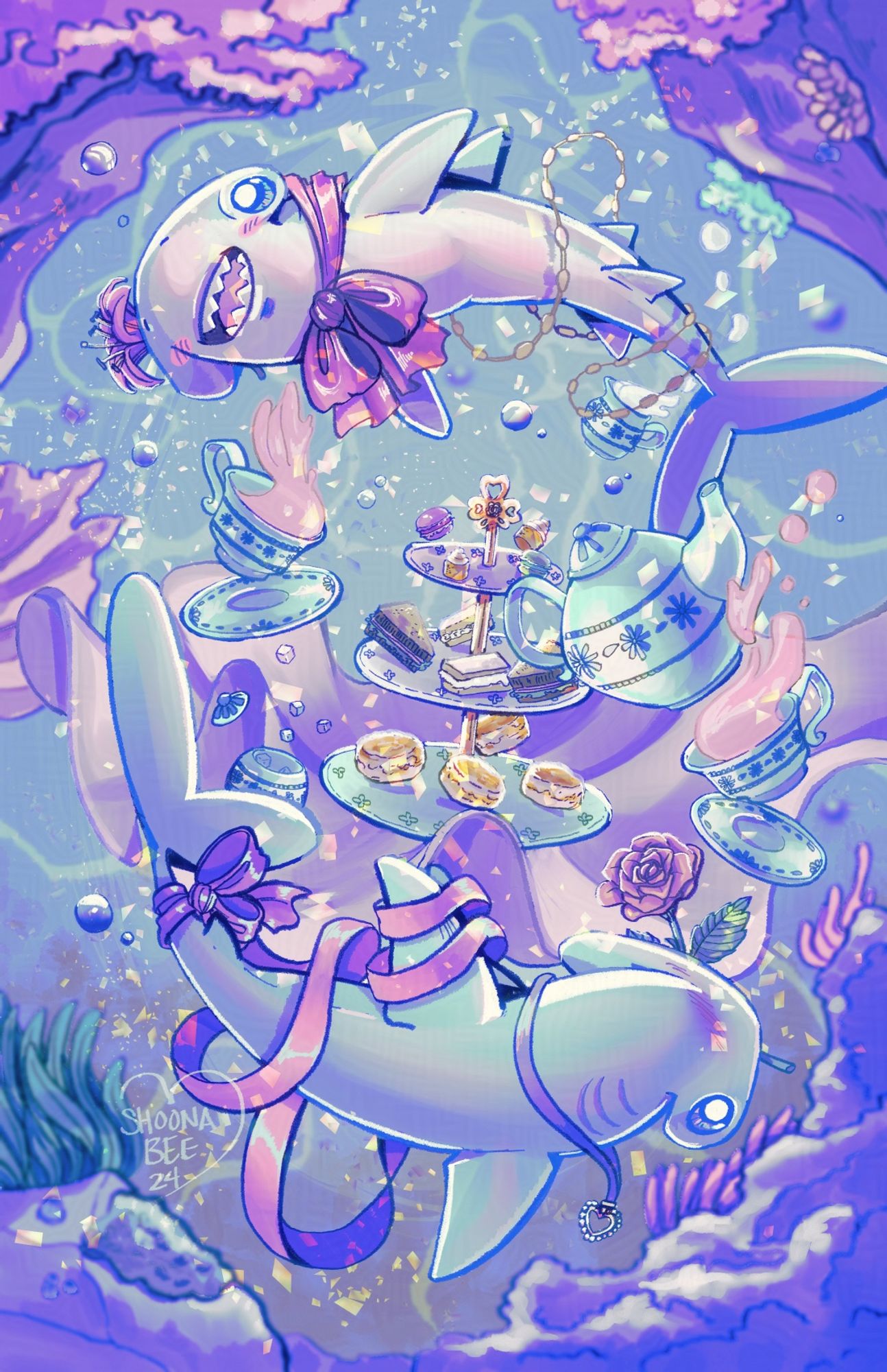 Two bonnethead sharks swimming around an afternoon tea setup with tea and cakes. Each shark is adorned with ribbons and flowers.