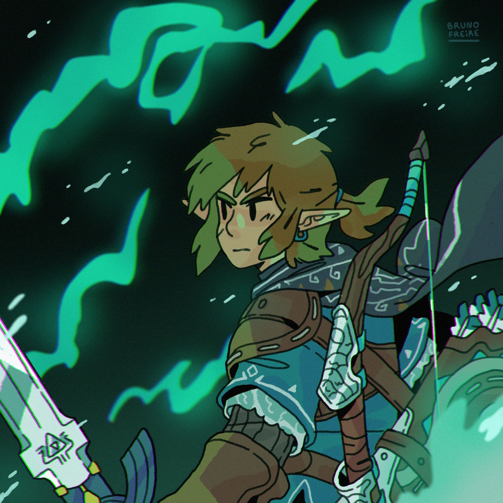 Ilustração do Link, personagem da série Zelda. Ele está empunhando a Master Sword, espada icônica do jogo, e está adentrando uma caverna de onde sai vários raios de luz verde. Está usando armadura e túnica azul, com uma capa preta esvoaçante e arco e flechas em suas costas.