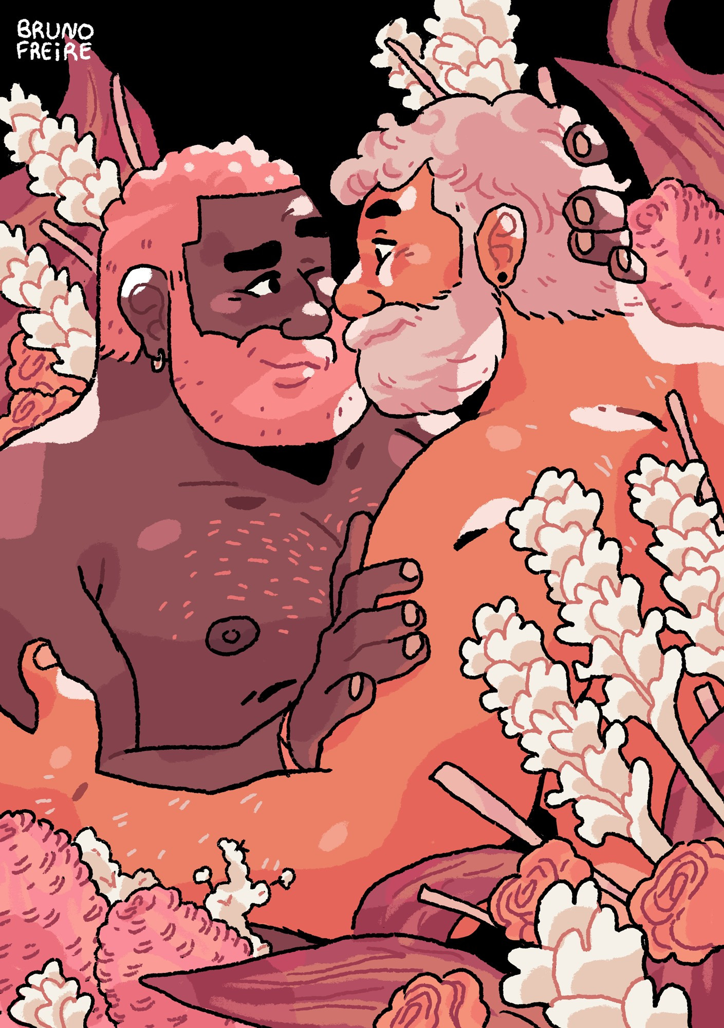 Ilustração de um casal gay rodeado de várias flores. Eles estão sem camisa e se olham com muito afeto enquanto trocam carícias. 