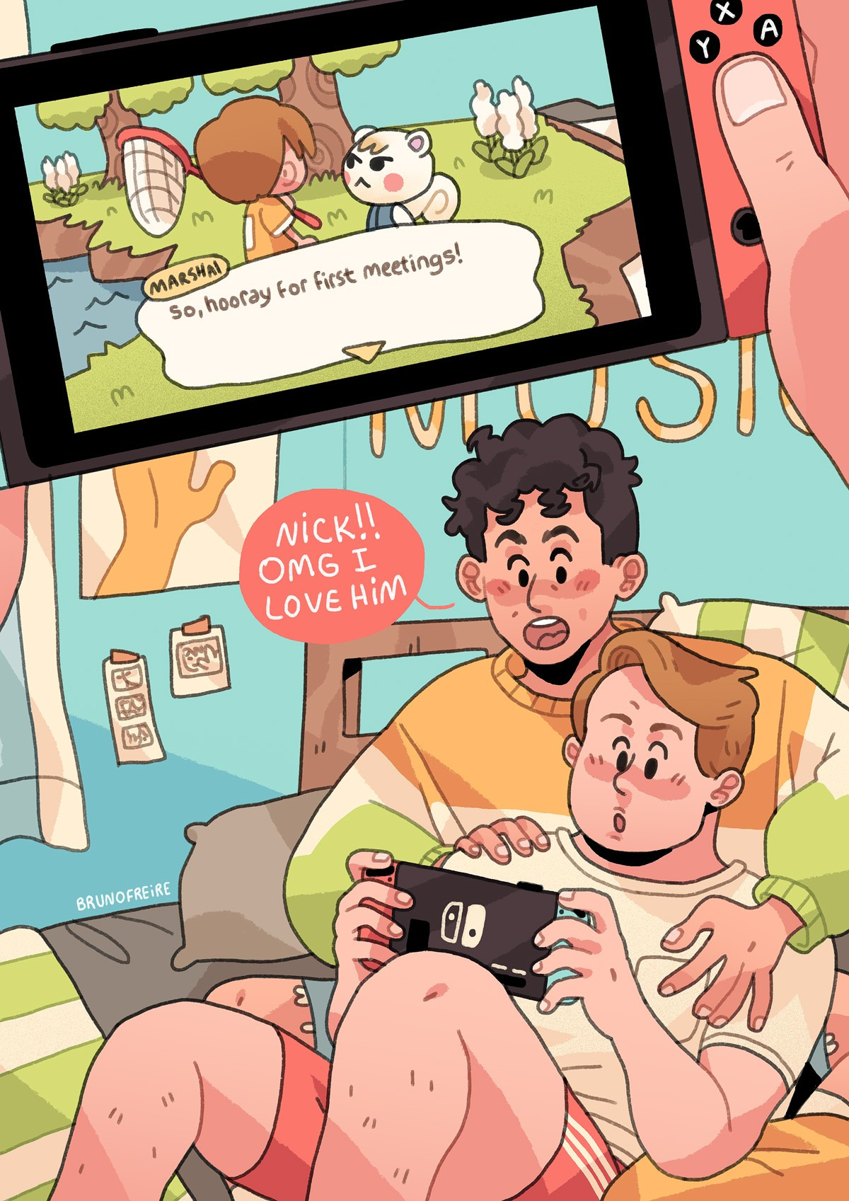 Ilustração de Nick e Charlie, personagens de Heartstopper. Os dois estão deitados na cama do Charlie, e Nick está jogando Animal Crossing. Ele encontrou o esquilo Marshal, e Charlie está dizendo que ama o personagem do jogo.