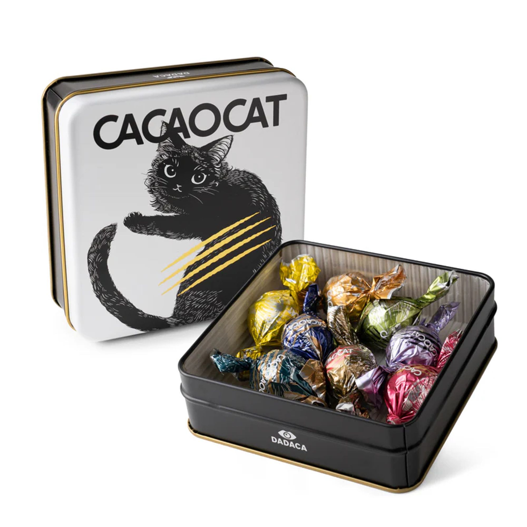 Tin box top with a black cat and the brand name Cacao Cat above an assortment of wrapped chocolates.