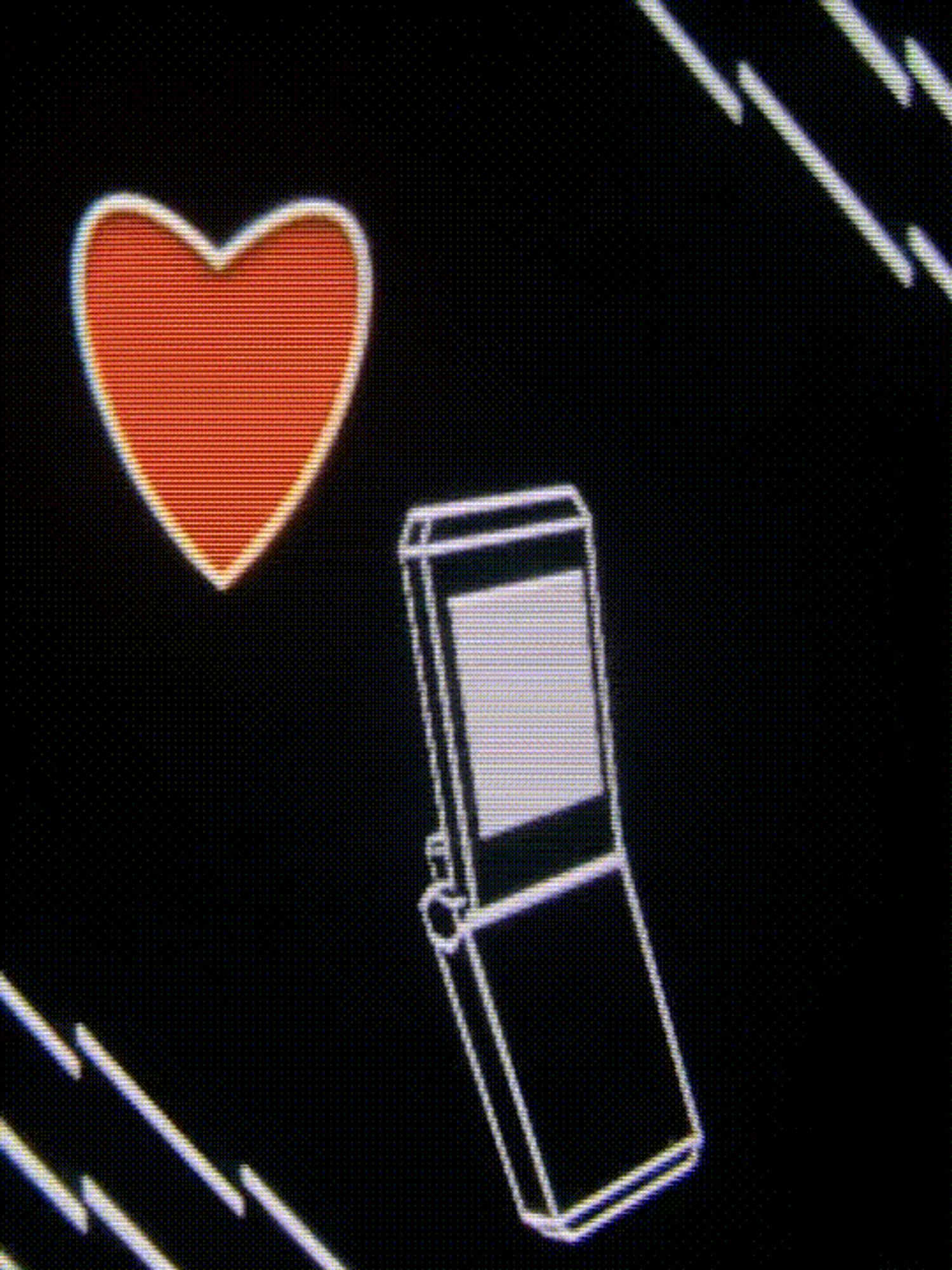 An animation of a flip phone opening to show the text "i <3 u”

Kate the Cursed: y2k love, 2021