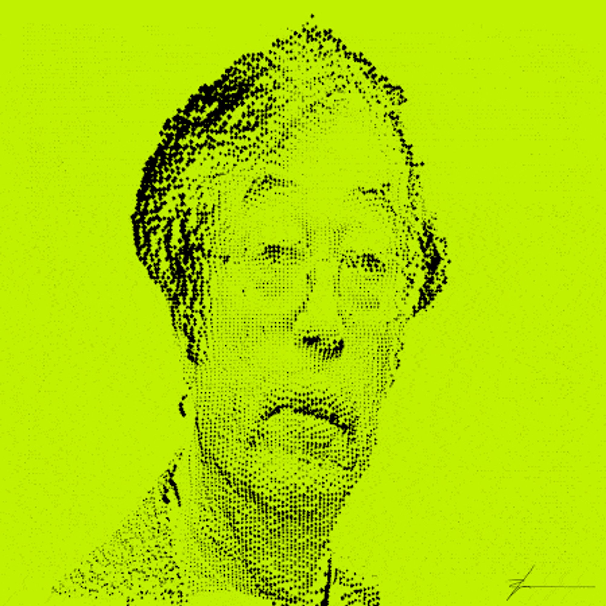 A lime green square with a photo of a middle aged man wearing wireless glasses and a collared shirt and jacket.

Robness’s “Dorian Generatives (Lime),” 2020