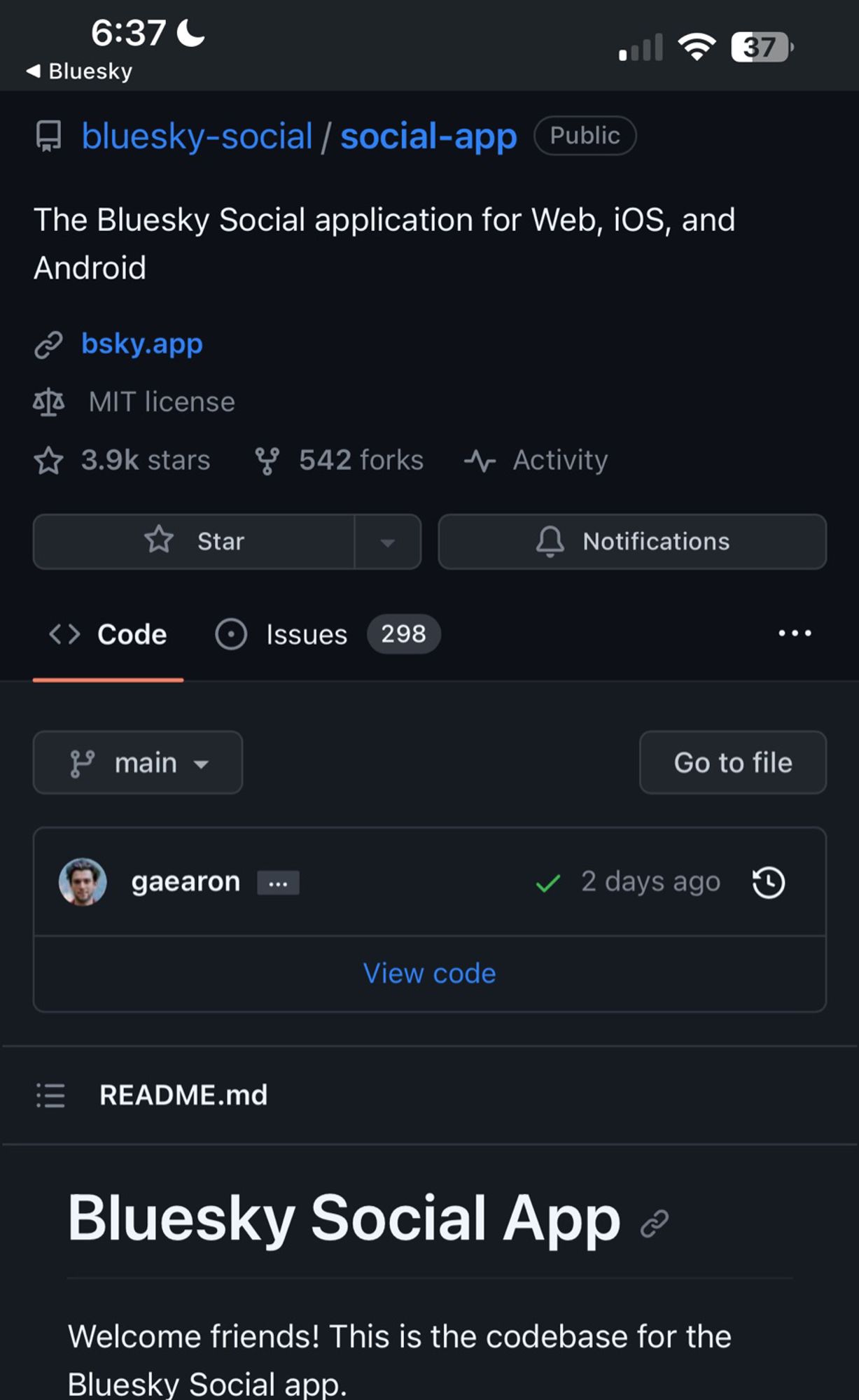 Screenshot of bluesky’s app’s GitHub.