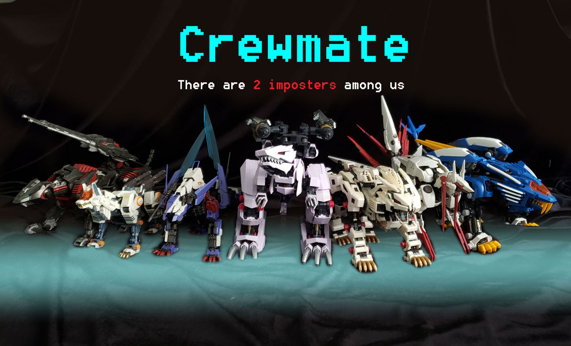 A picture of 7 Mecha animal model kits lined up in the style of the Among Us role screen, with the text "Crewmate"  and "there are 2 imposters among us" below it. There are 5 Zoids and 2 Hexa Gear models, which are similar enough in aesthetics for the joke.