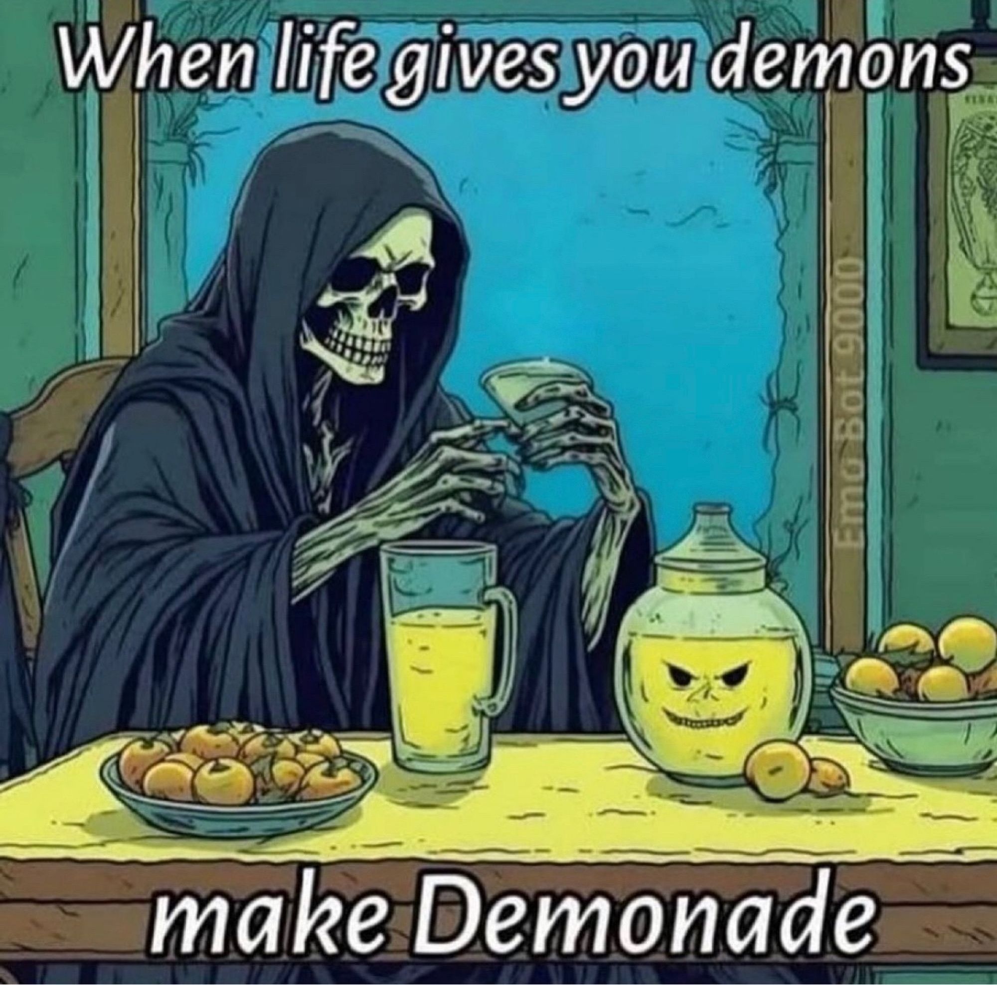 Skeletal figure in black robes seated in a cozy home with table in front. Fruits placed atop the surface with a pitcher and glass. They're filled with what one can assume is awesome lemonade for the text captions placed above and below reads as, "When life gives you demons, make Demonade." The glass pitcher has an amusing sinister face as well.