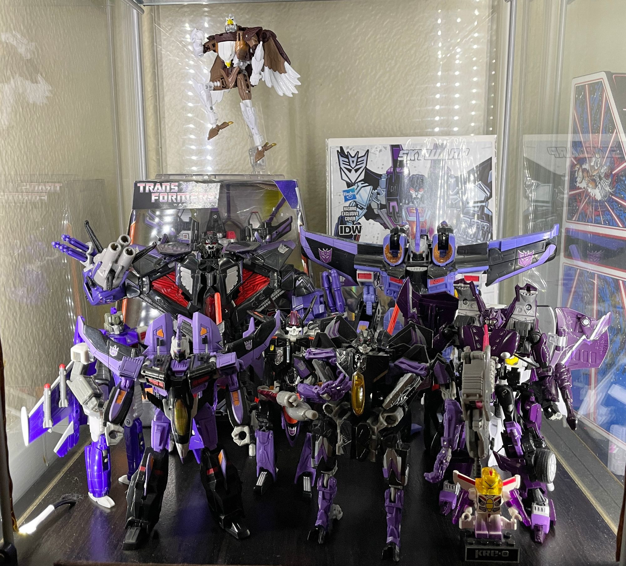 A display shelf full of Transformers Skywarp figures. Mostly the figures from the Unicron trilogy and the Michael Bay movies. The Machine Wars are crammed in the back there, too, but you can't really see 'em here. Ugh, and that awful Alternity figure. Hate that thing. And a few other guys... I got a lotta Skywarps.