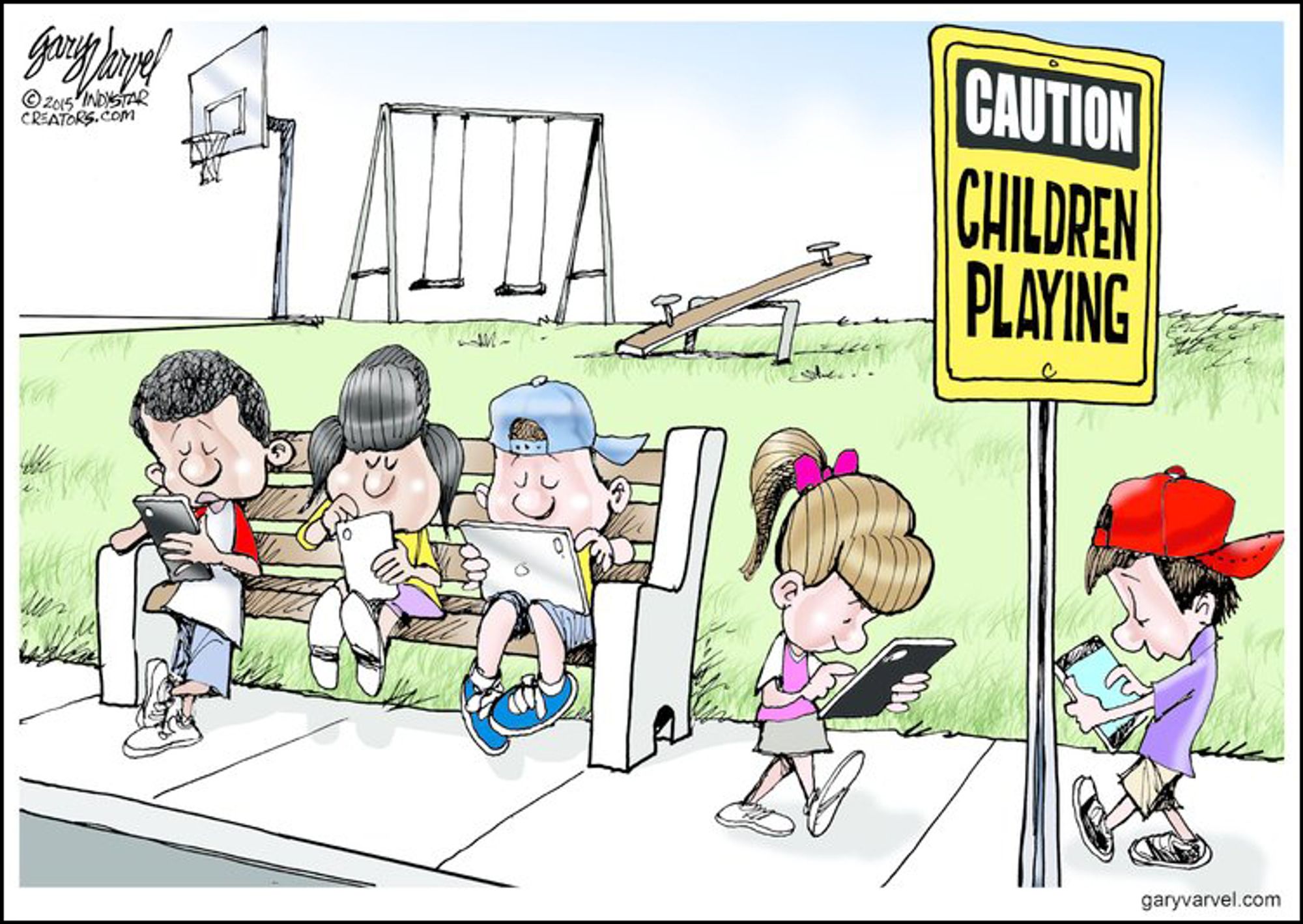 Some hack boomer political cartoon showing an empty playground next to a sidewalk and a "Caution Children Playing" sign. Dead-eyed children are walking along the sidewalk and sitting on a bench as they play with those darn tablets kids love so much these days.