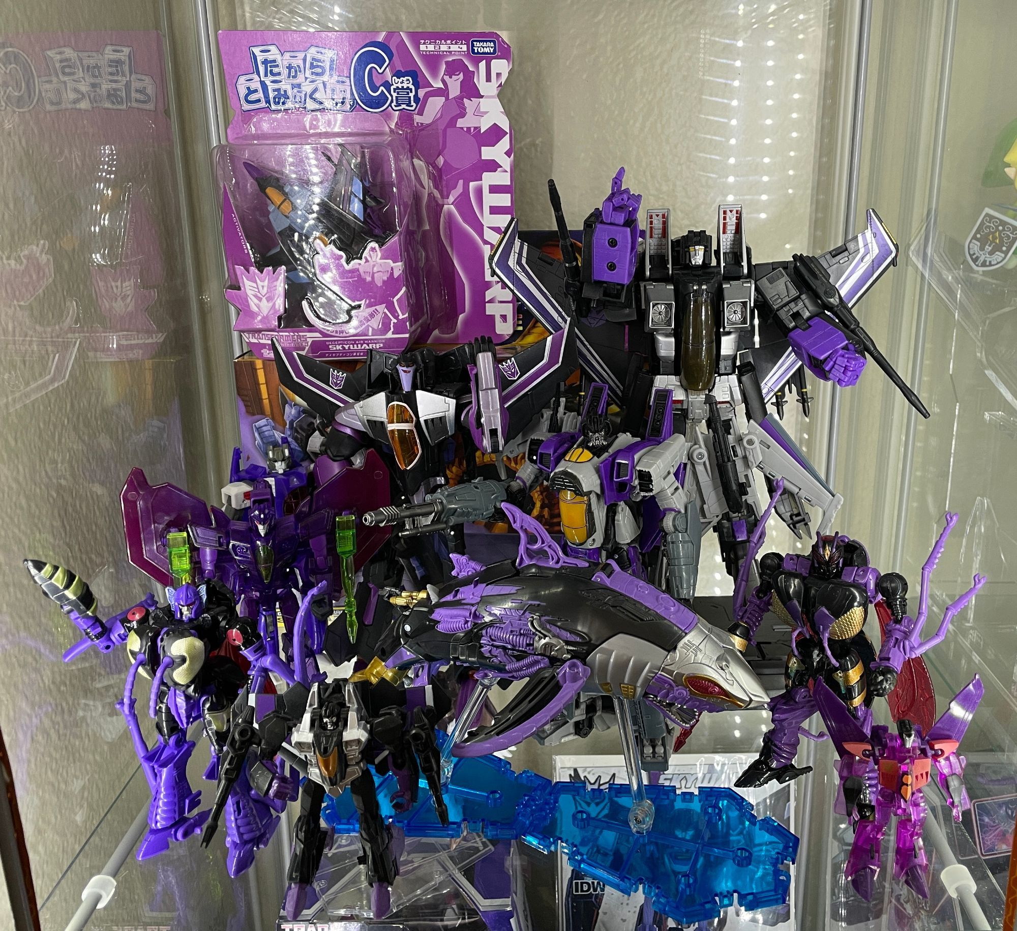 A display shelf filled with Skywarp toys. Among them are some Animated versions of him, along with the version from the Bumblebee movie and some Skywarp-inspired beasts (Hellwarp and Skywasp)