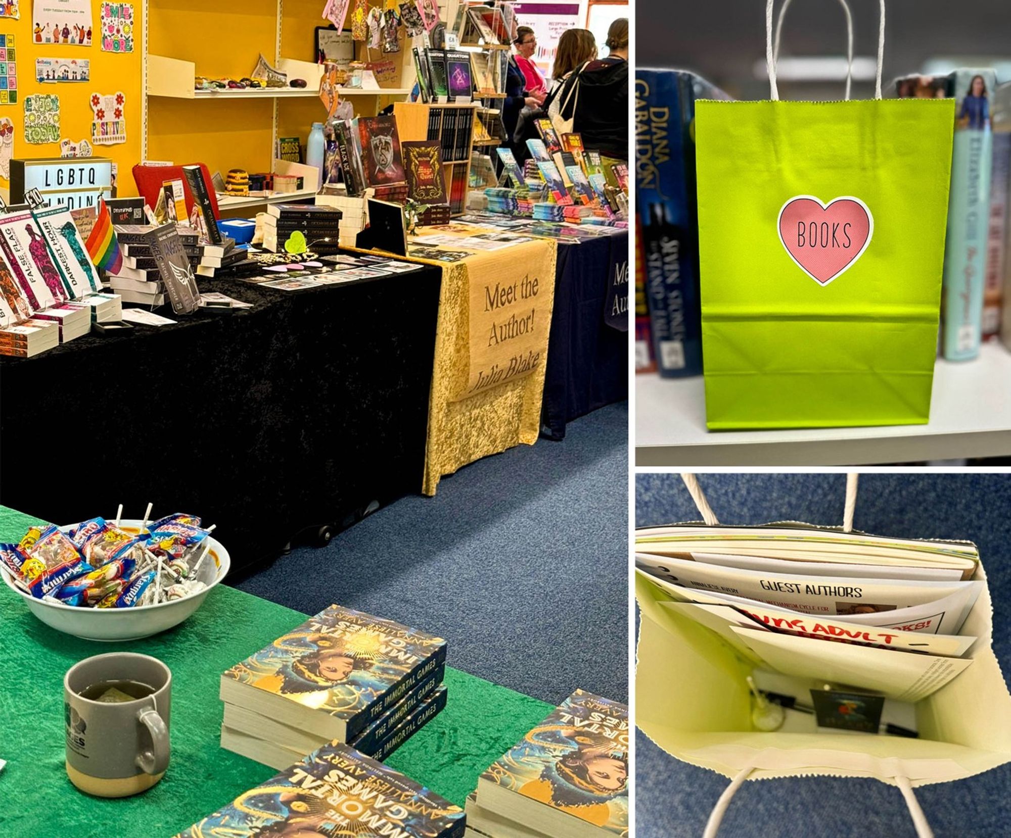 Collage of photos: Tables of books at the YA Book Fair, goodie bags for the participants.