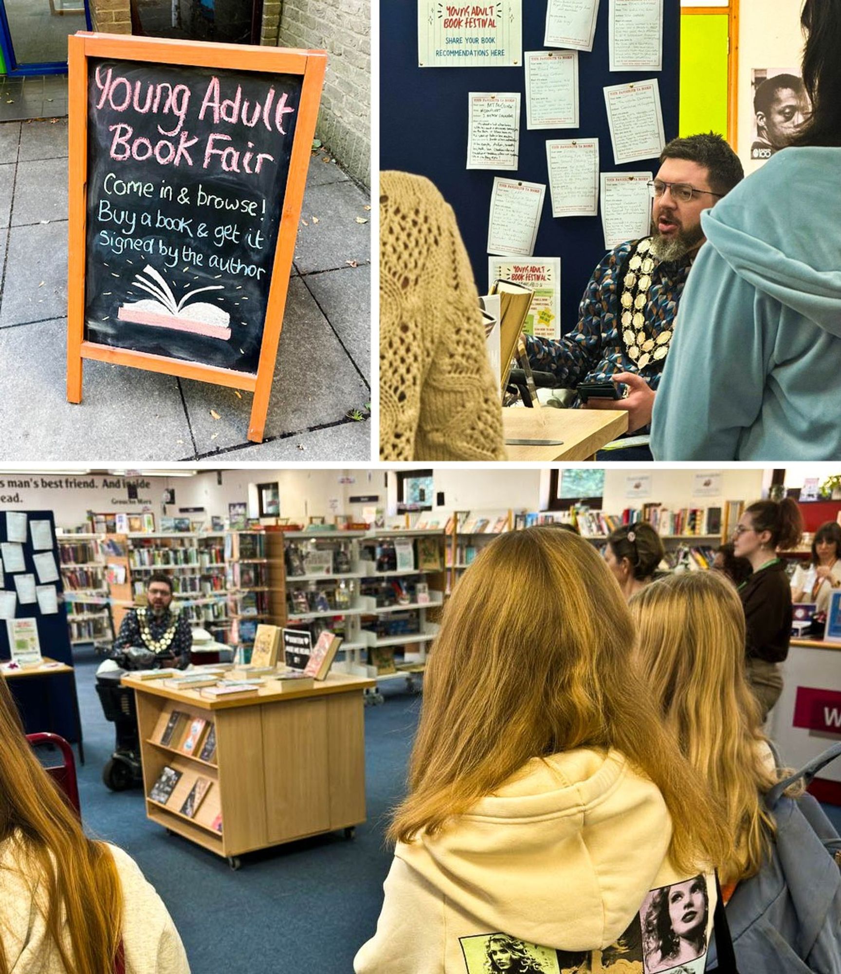 Collage of photos: pavement A-board advertising the event, the Mayor of Stowmarket giving a speech, participants listening to the Mayor's speech in the library.