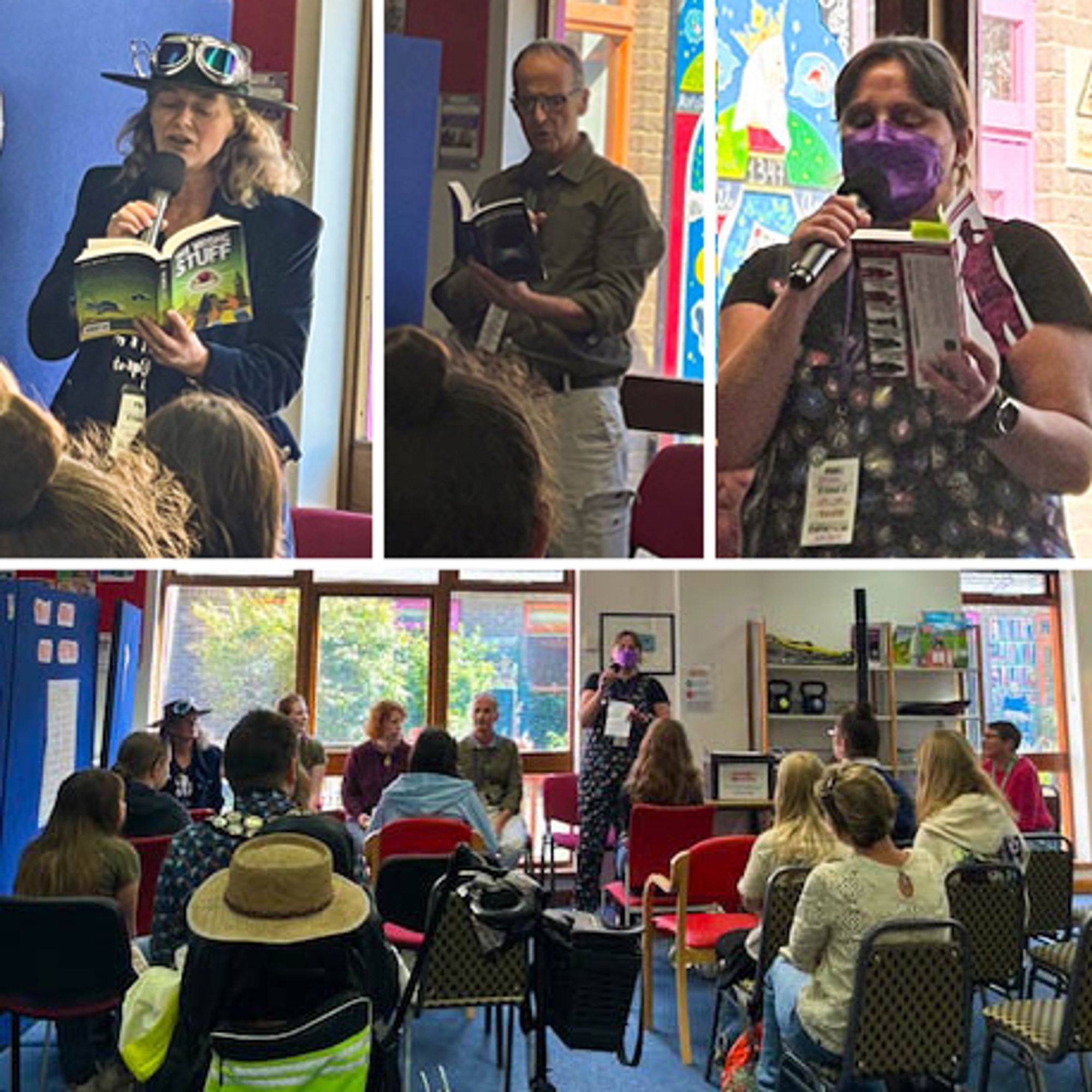 Collage of photos: Readings from authors MT McGuire, Ian Hornett, Rachel Churcher, Ally Aldridge and Julia Blake.