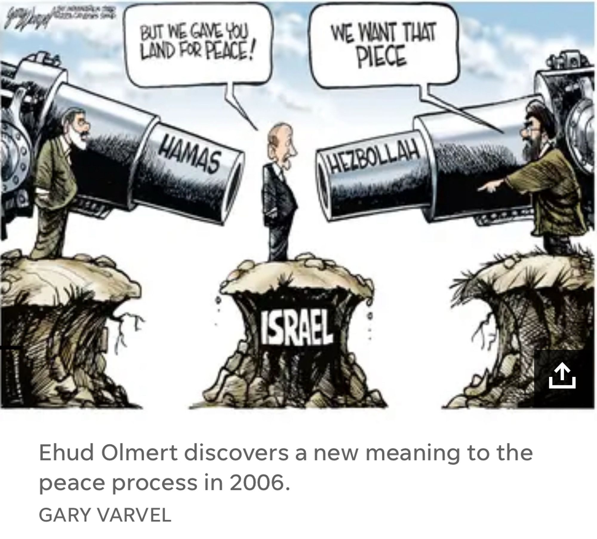 Cartoon Ehud Olmert discovers a new meaning to the peace process in 2006.
GARY VARVEL