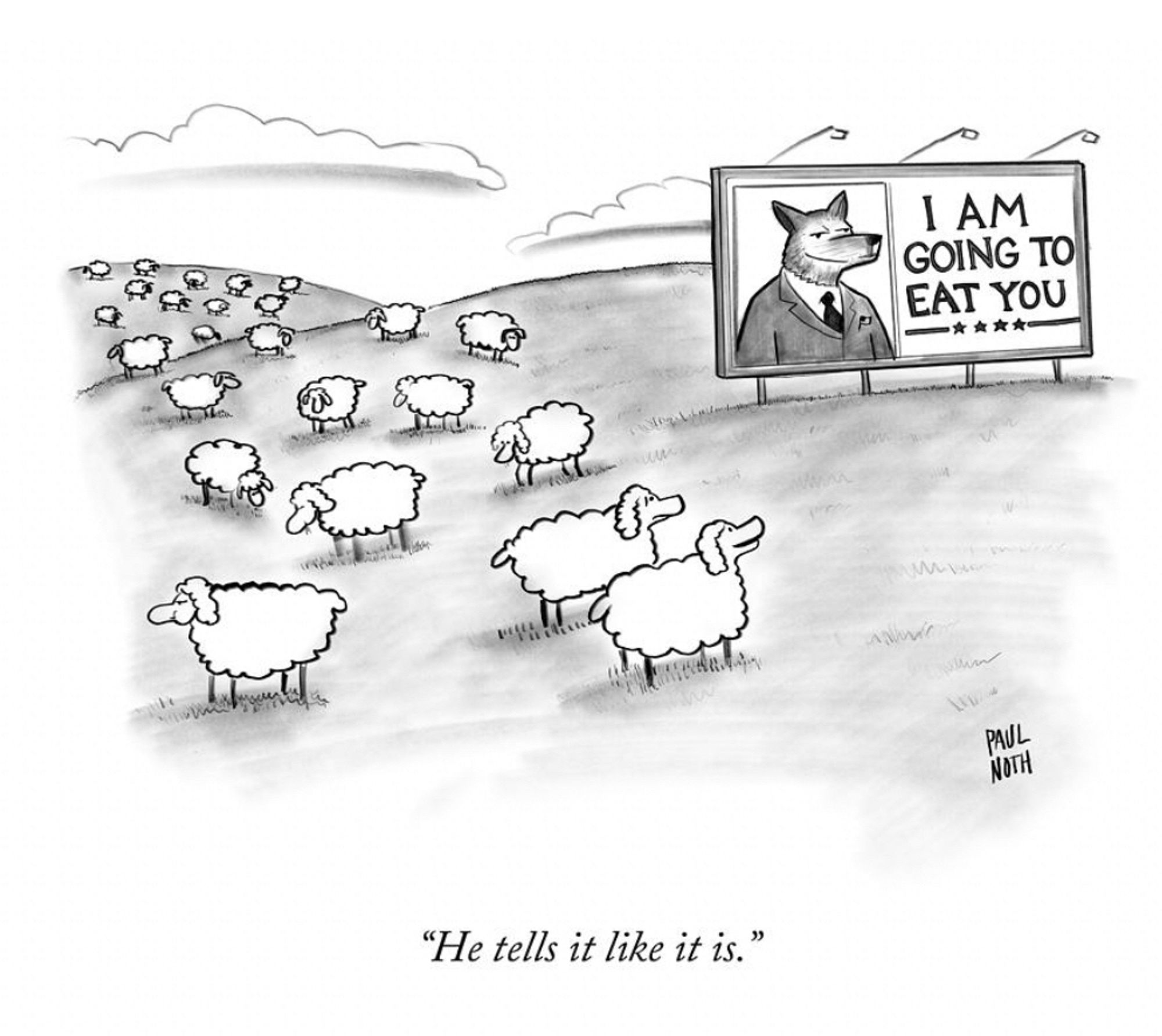 Wolf saying I will eat you to sheep cartoon in the New Yorker