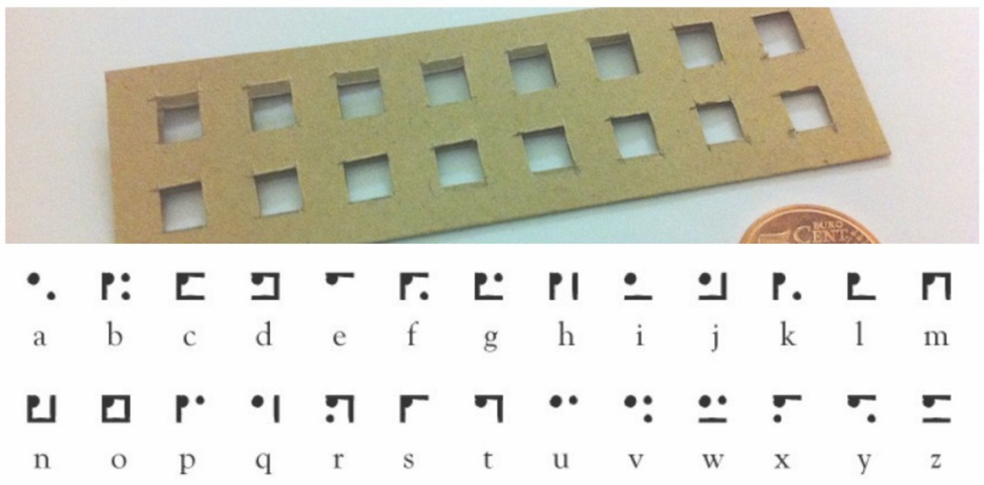 top: a stencil of squares
bottom: the special alphabet, which only uses dots and lines along the 4 edges and 4 corners of the square to represent each letter