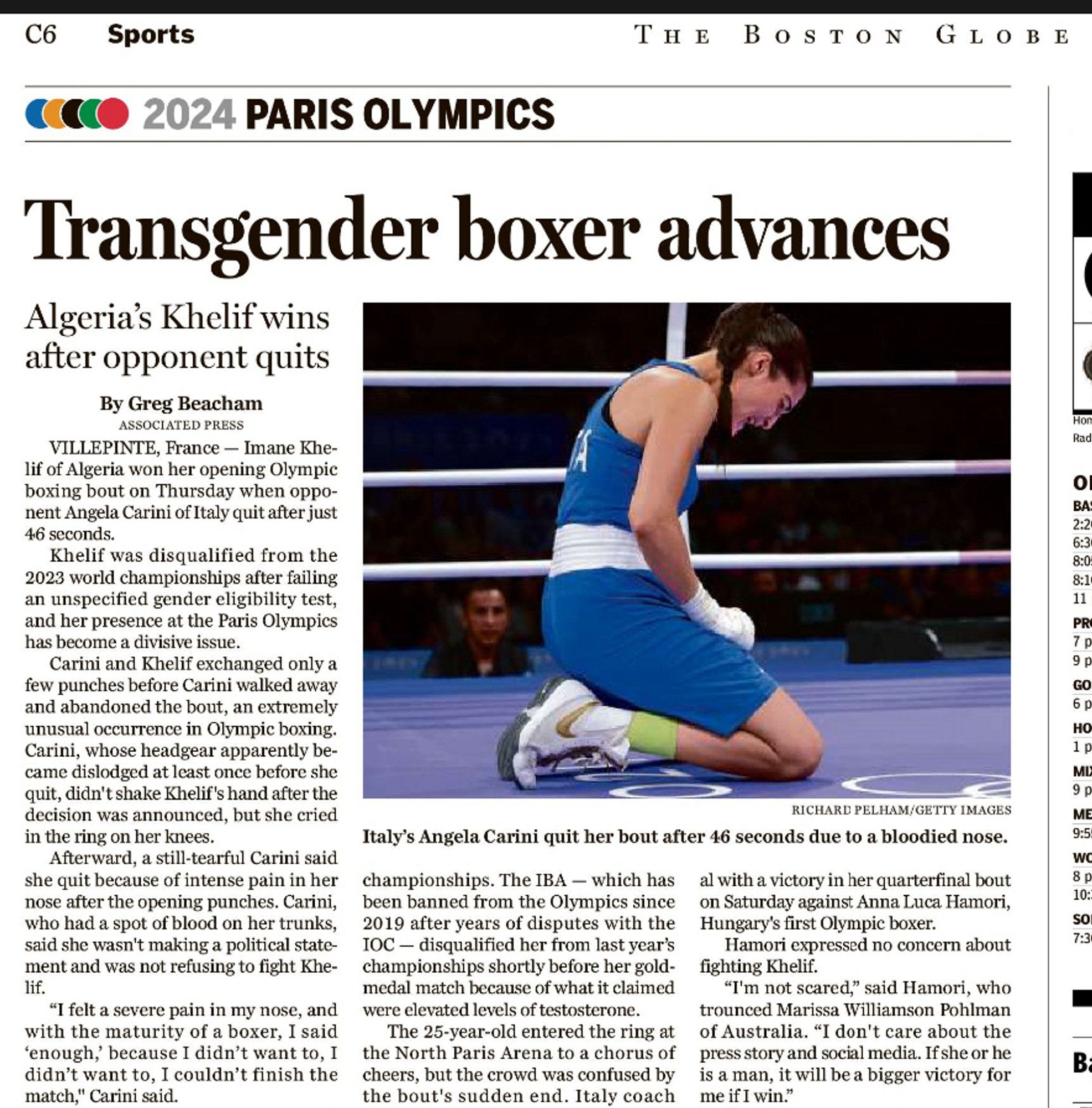 Boston Globe headline, Friday: Transgender boxer advances