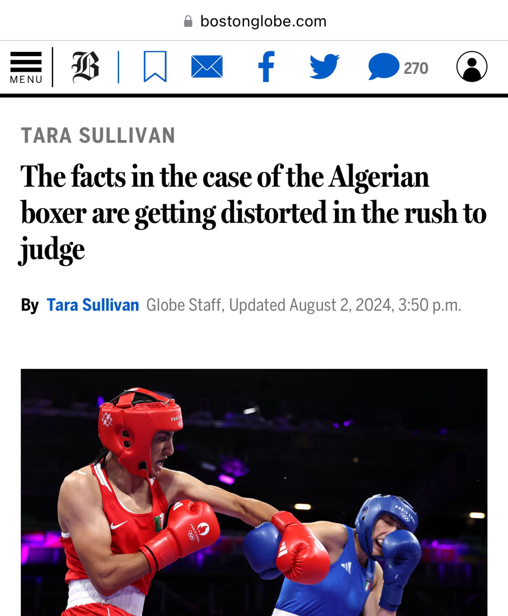 Boston Globe, Saturday: The facts in the case of the Algerian boxer are getting distorted in the rush to judge