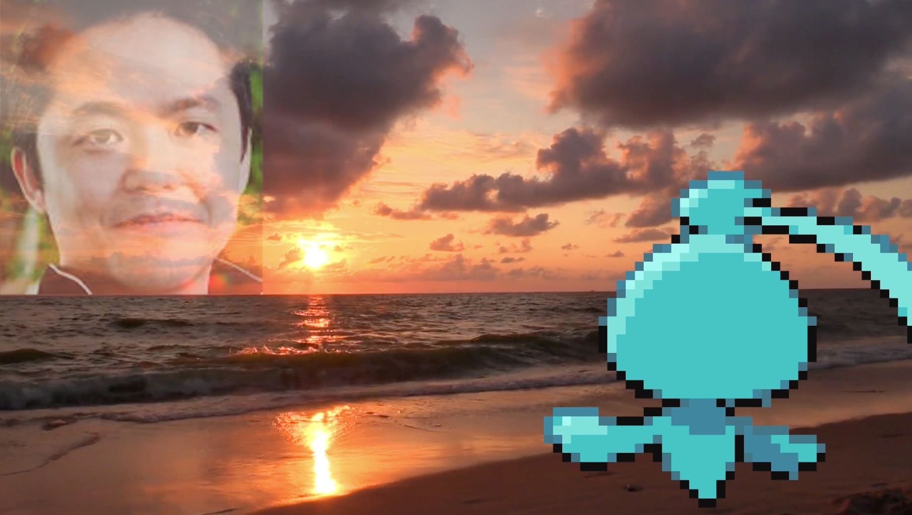 An edited image of a Shiny Phione looking off in the sunset...the sunset being Mr. Junichi Masuda