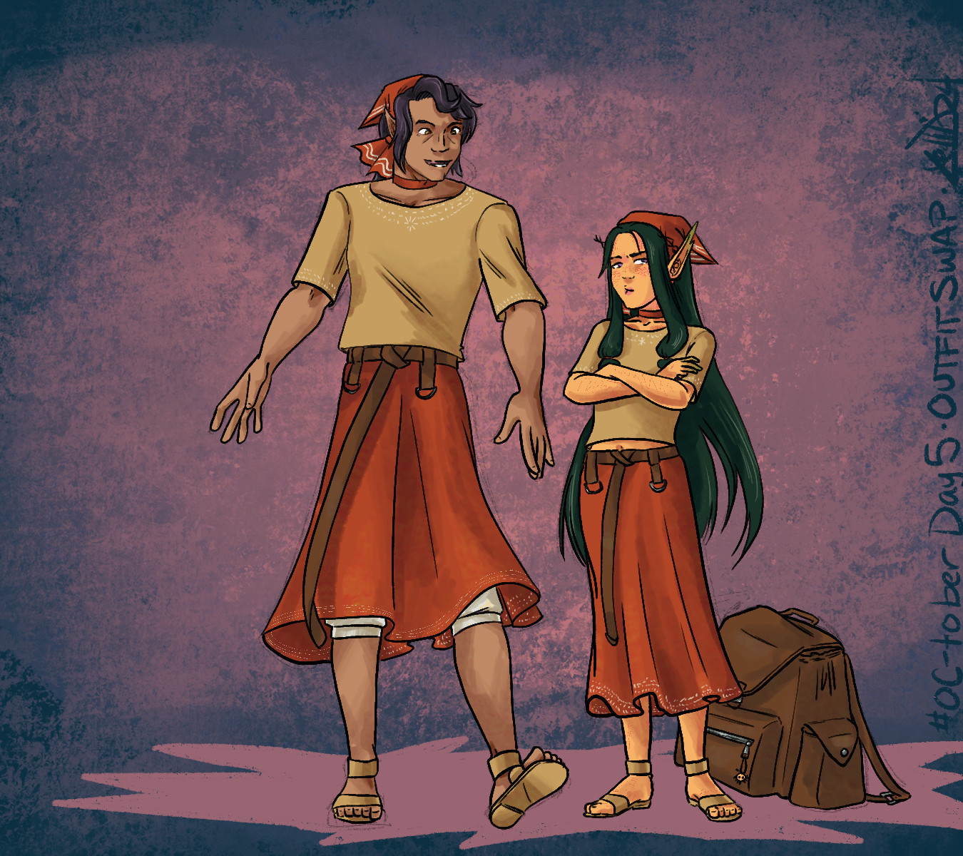 A digital illustration of a tall male half-elf and a shorter teenaged hexblood; both characters are wearing a tan embroidered shirt, a red linen skirt, matching headscarves, and sandals.  The teen girl looks disgruntled by the whole thing, while the man appears to be enjoying the look.