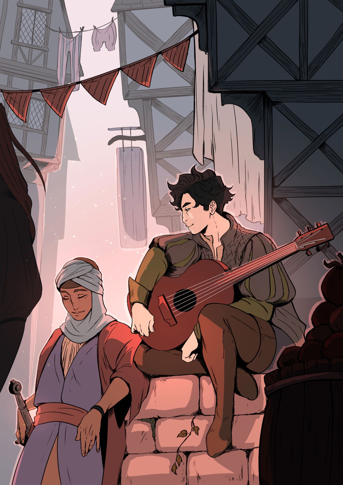 picture of palamedes & dinadan from the webtoon gradalis, they're sat upon a small wall in a medieval looking street and dinadan has a guitar in hand