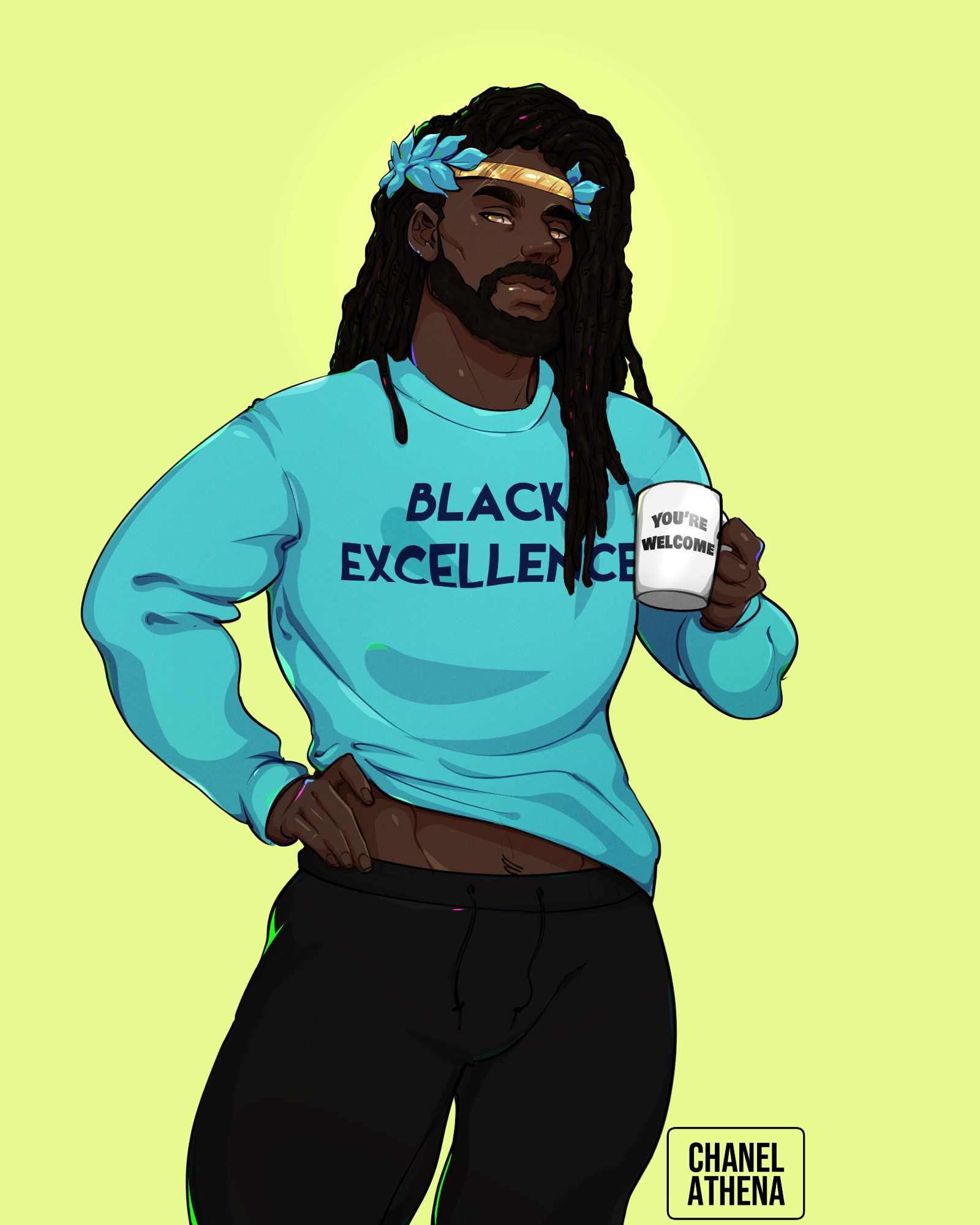 Black man with locs- Patroclus from Hades- wearing a light blue hoodie labeled 'Black Excellence' and holding a white mug that says 'You're welcome'.