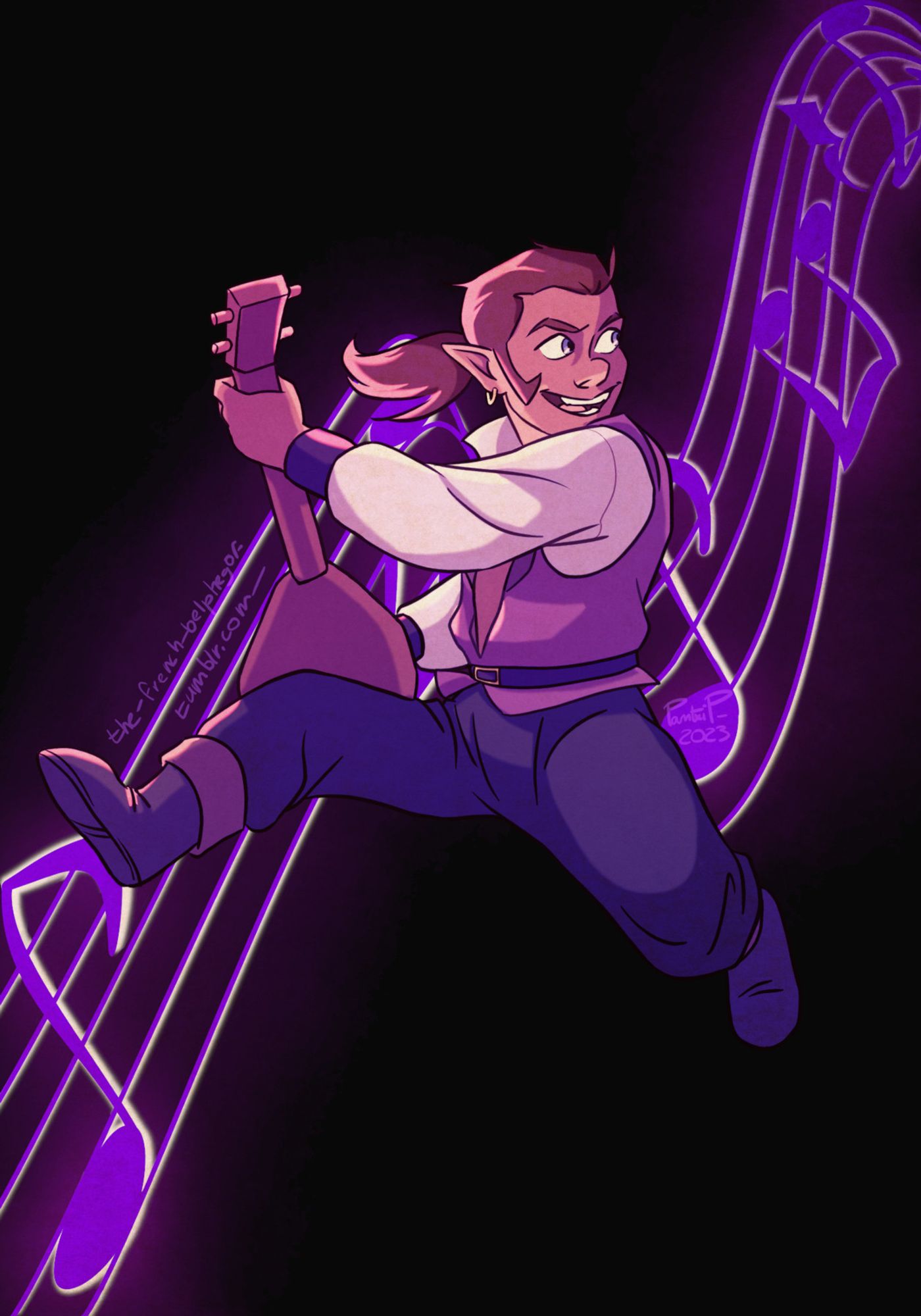 A digital drawing of Scanlan Shorthalt, the gnome bard of Vox Machina. He's playing the lute like a rock musician might play the electric guitar against a black background with music notes and a stave in purple light.