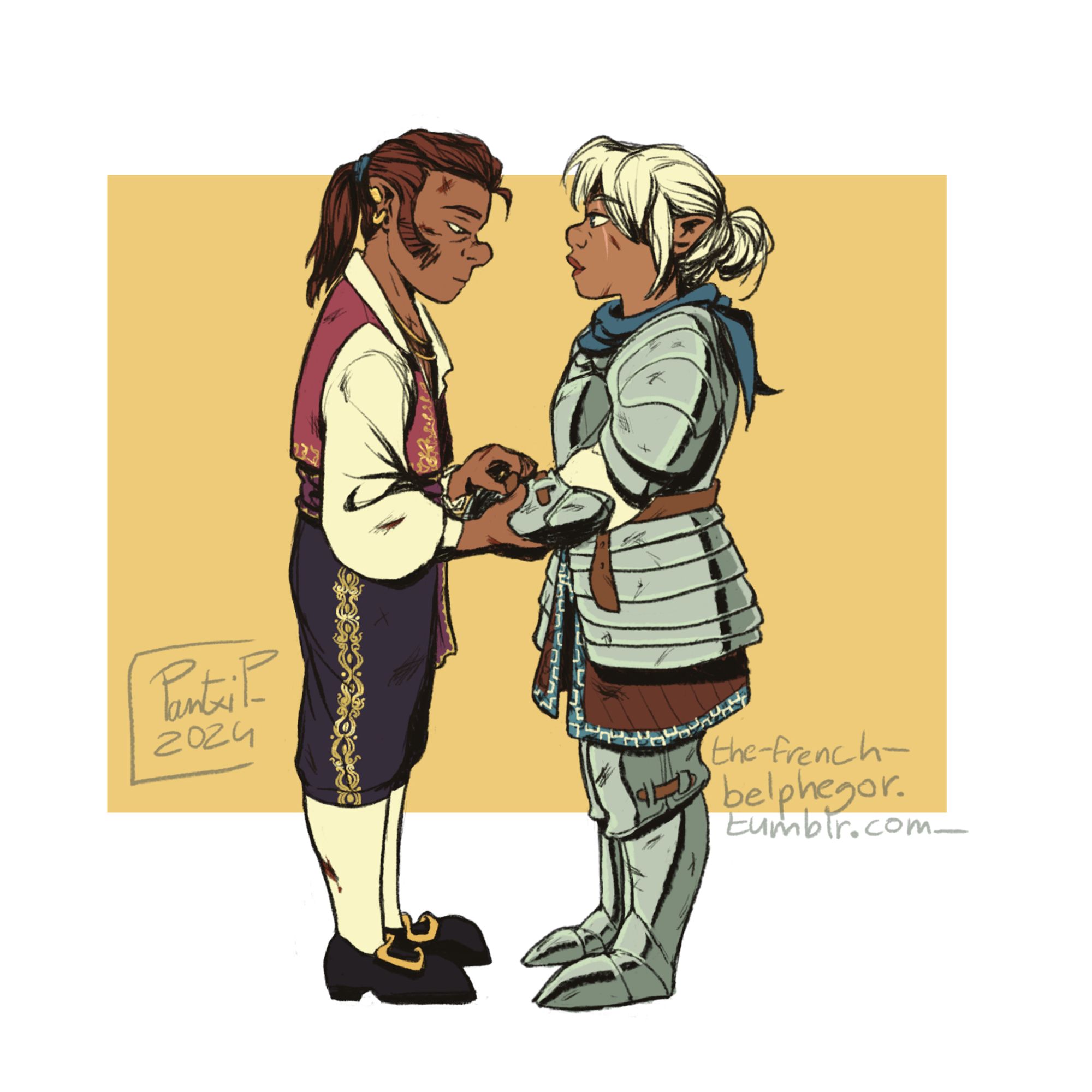 A digital drawing of Scanlan Shorthalt and Pike Trickfoot, characters from the Vox Machina campaign of Critical Role. They're both scuffed and bruised. Scanlan is gently opening the clasp of Pike's vambrace with a quiet, intent look on his face, while Pike is looking straight at him, smiling slightly, confidently.