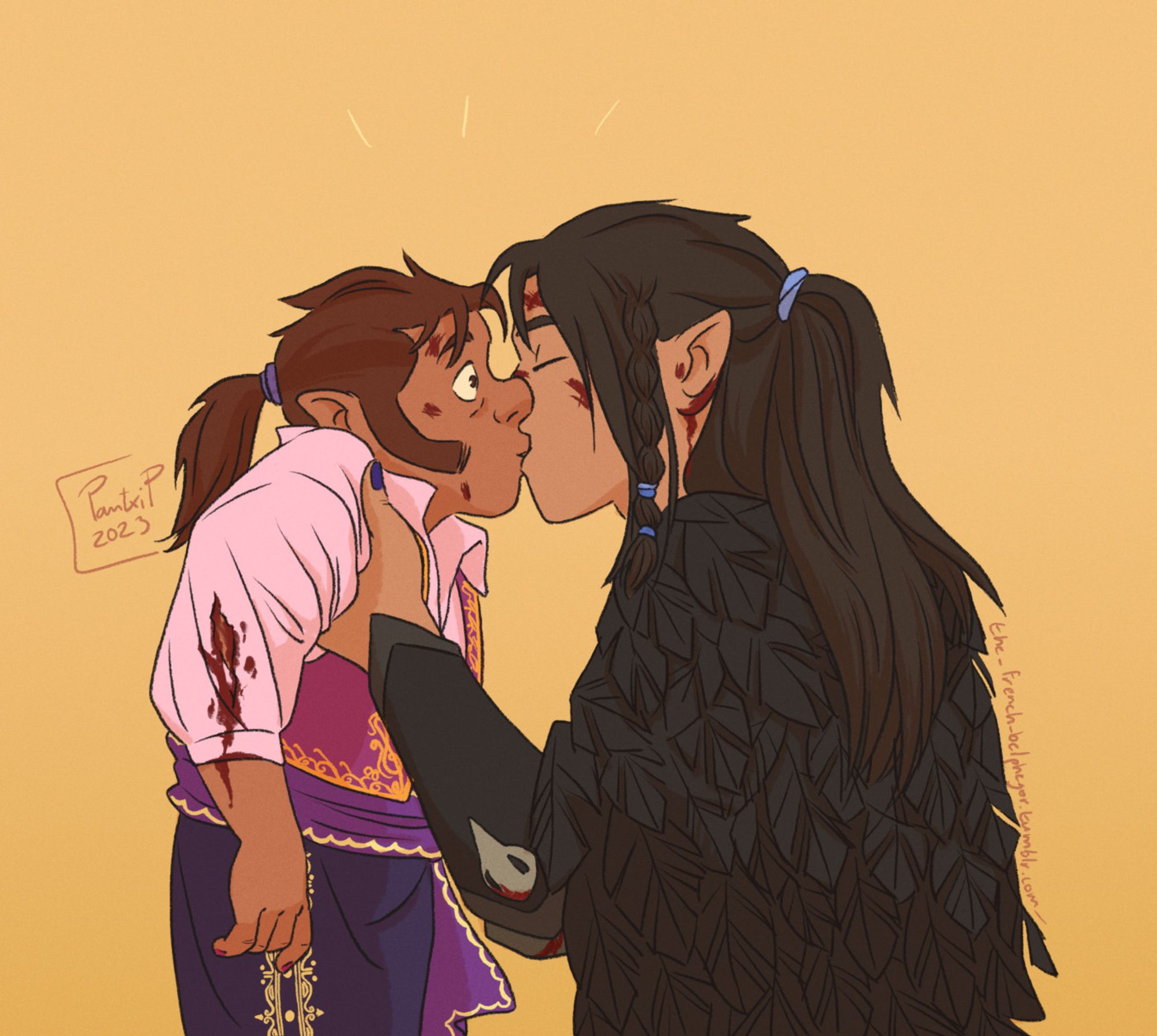 a drawing of Vax kissing Scanlan on the mouth. The kiss is unexpected but clearly not unwelcome.