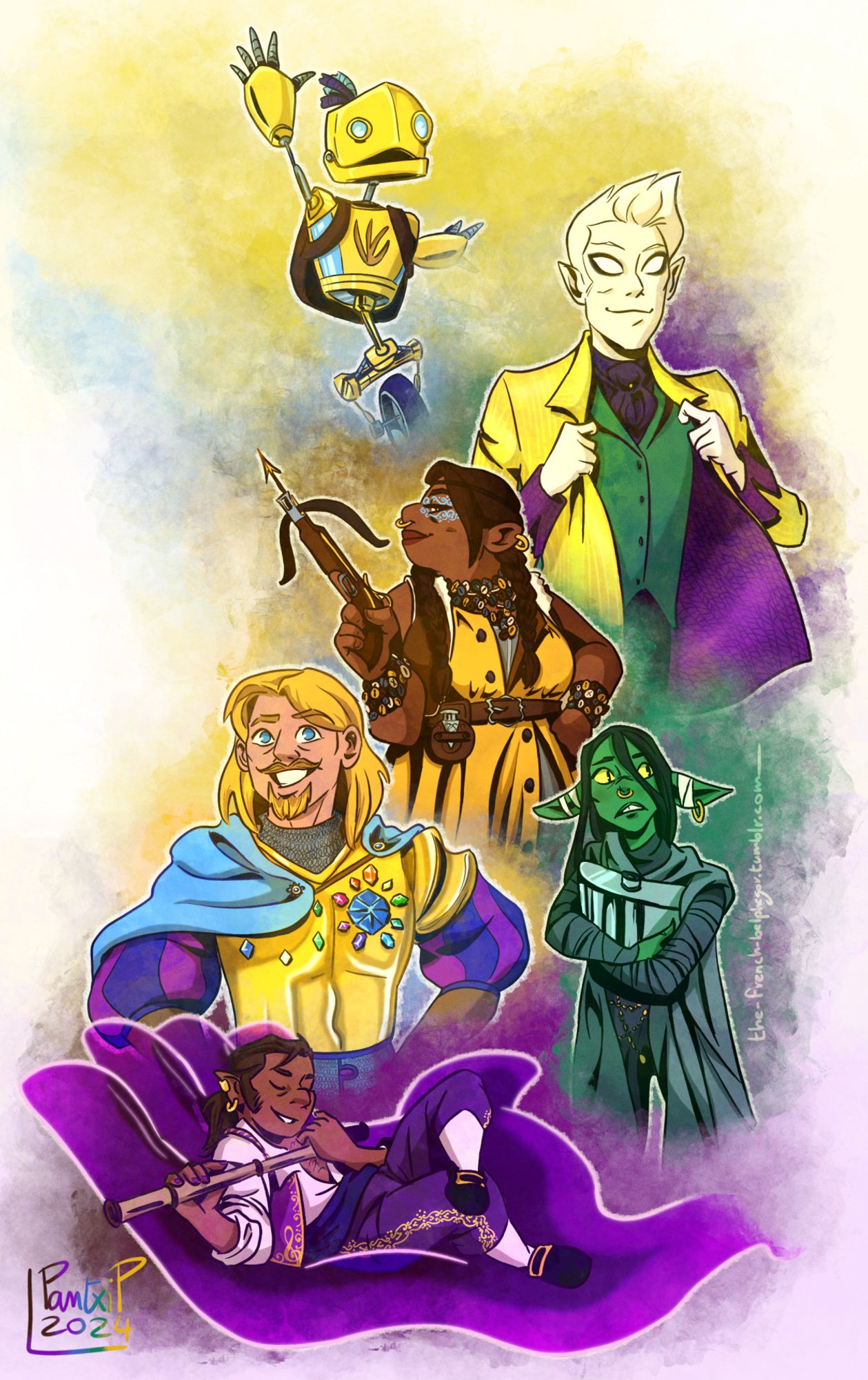 A digital drawing depicting Sam Riegel's D&D characters from the actual play Critical Role, drawn in chronological order from bottom to top: Scanlan Shorthalt, gnome bard (on his giant magical hand, playing a flute); Taryon Darrington, human artificer (wearing shiny bejewelled armour and grinning); Nott the Brave, goblin rogue (clutching a giant metal flask and looking anxious); Veth Brenatto, halfling rogue (holding a hand crossbow with a smug smile); Loquatius Quay, changeling bard/warlock (wearing shiny textured clothing); and Fresh Cut Grass (FCG), robot cleric (waving with a smile as they start to fade into the background). The entire drawing is dominated by shades of the same colours (yellow, purple, blue, brown and green), as per the characters' respective palettes.