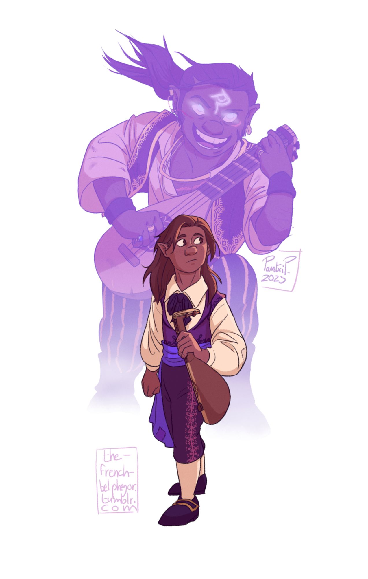 a digital drawing of Scanlan Shorthalt as he's shown in the Critical Role 2023 Red Nose Day one-shot, a young gnome bard, looking unsure and a little apprehensive. Behind him is a silhouette of his future self a few decades down the line in the Vox Machina campaign. He's shredding a riff on the lute with the symbol of Ioun on his forehead, magical power making his eyes glow silver.